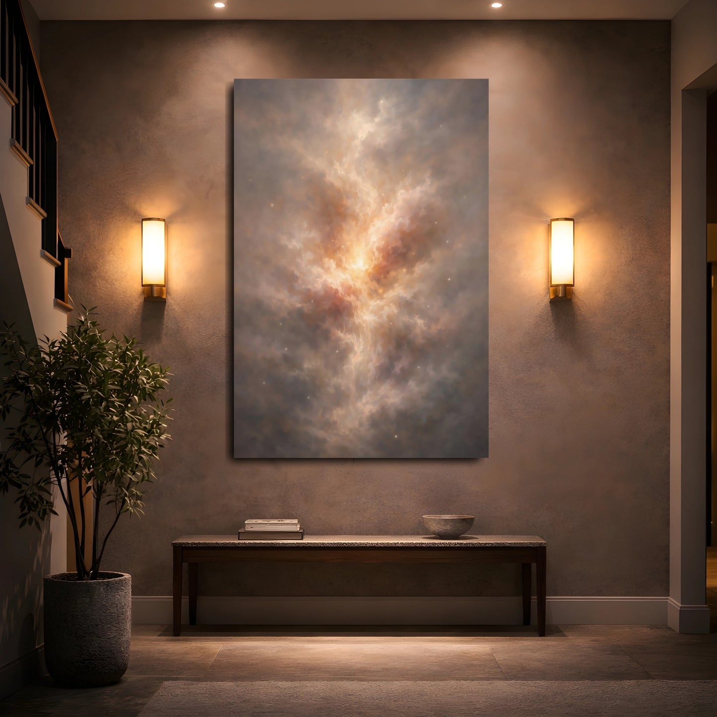 Mockup 4. Science Fiction Nebula Brown And Gold Nebula shown as stretched canvas wall art
