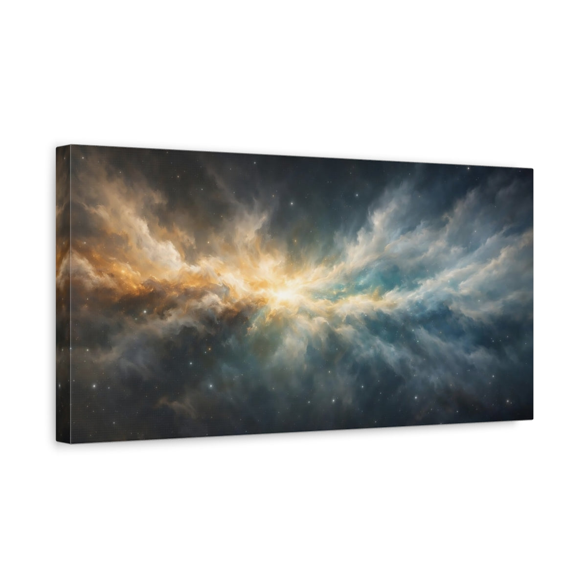 Side Mockup 3. Science Fiction Nebula Gold Blue Nebula shown as stretched canvas wall art