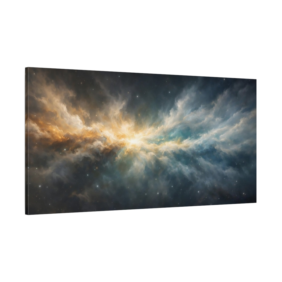 Main Mockup. Science Fiction Nebula Gold Blue Nebula shown as stretched canvas wall art