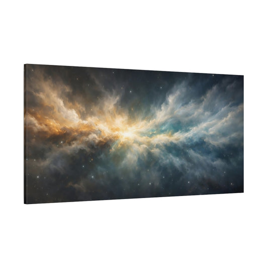 Main Mockup. Science Fiction Nebula Gold Blue Nebula shown as stretched canvas wall art