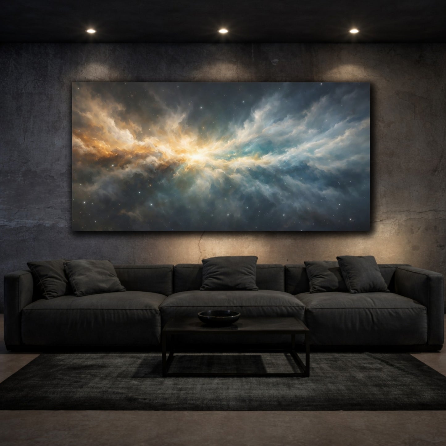 Mockup 2. Science Fiction Nebula Gold Blue Nebula shown as stretched canvas wall art