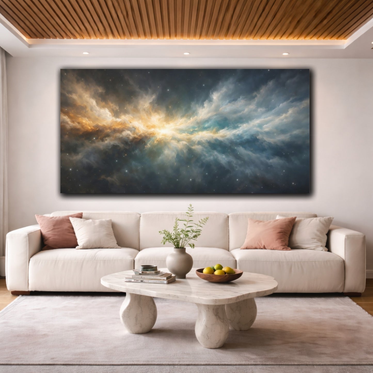 Mockup 3. Science Fiction Nebula Gold Blue Nebula shown as stretched canvas wall art