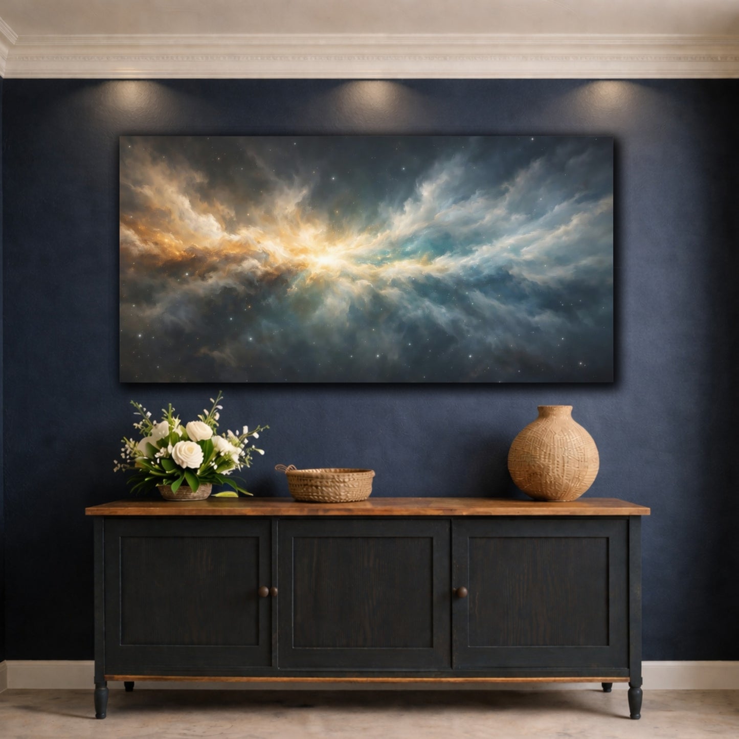 Mockup 4. Science Fiction Nebula Gold Blue Nebula shown as stretched canvas wall art