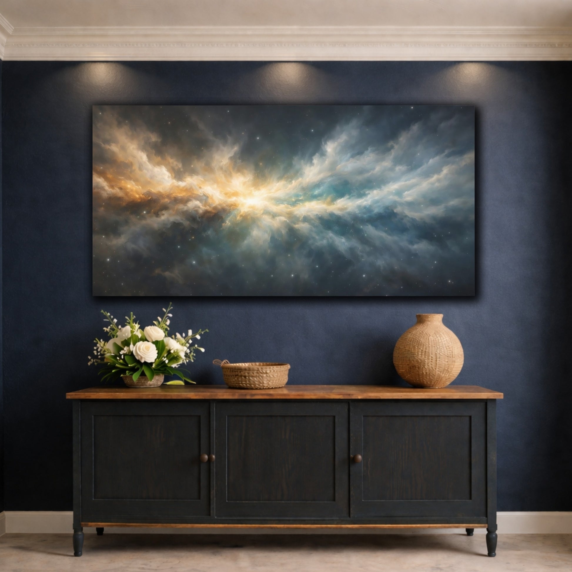 Mockup 4. Science Fiction Nebula Gold Blue Nebula shown as stretched canvas wall art