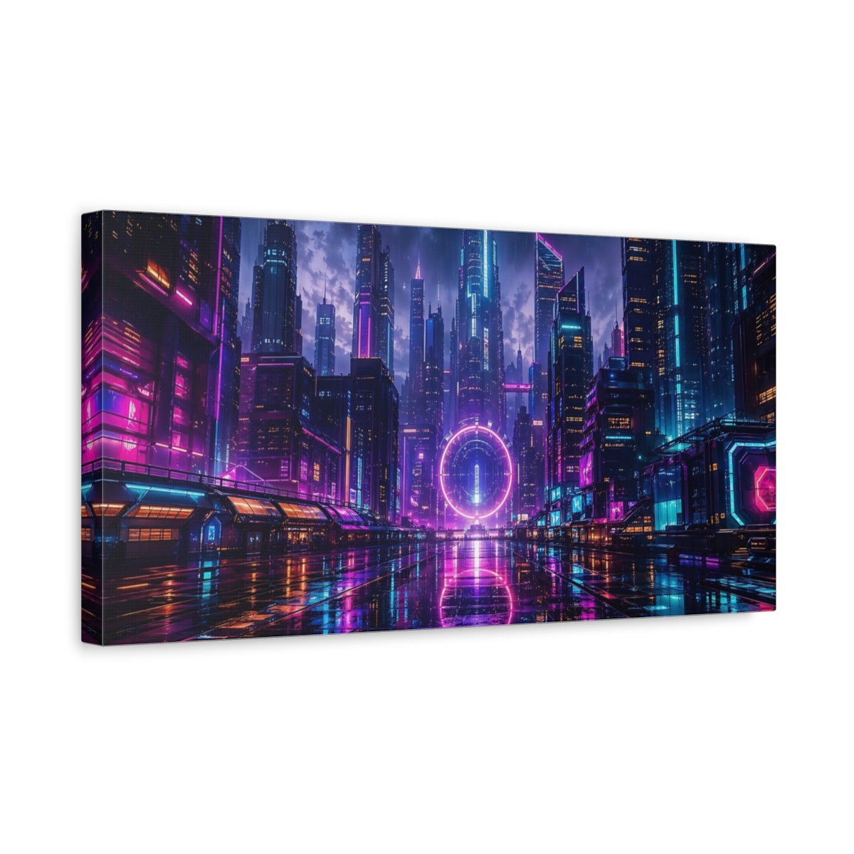 Side Mockup 3. Science Fiction Neon Cityscape Purple Blue Neon shown as stretched canvas wall art