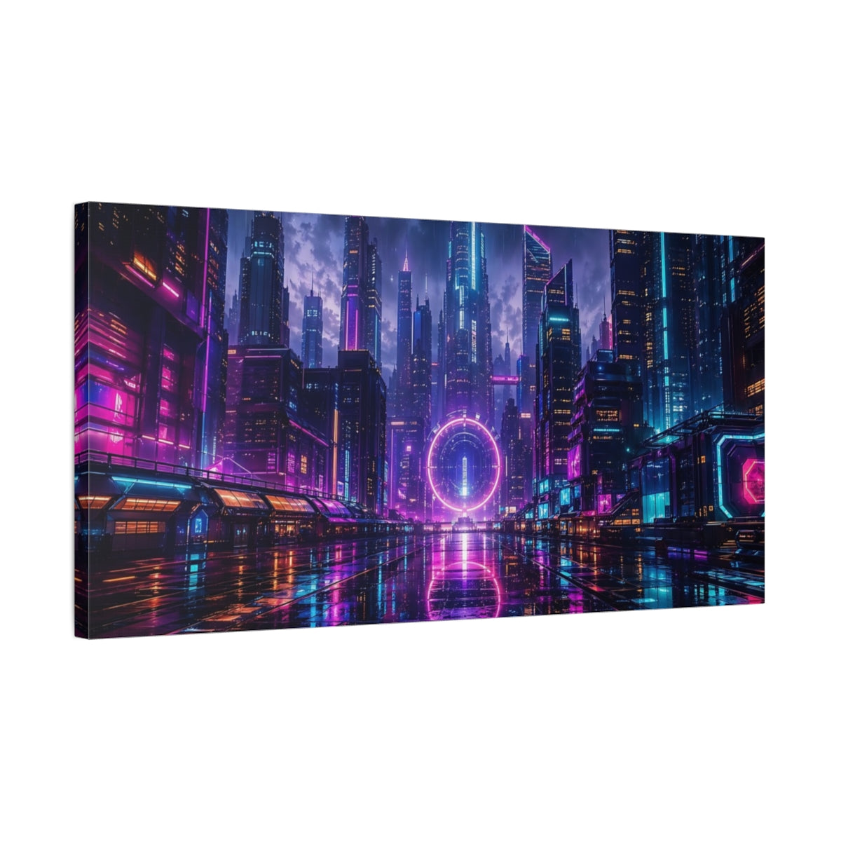 Side Mockup 1. Science Fiction Neon Cityscape Purple Blue Neon shown as stretched canvas wall art