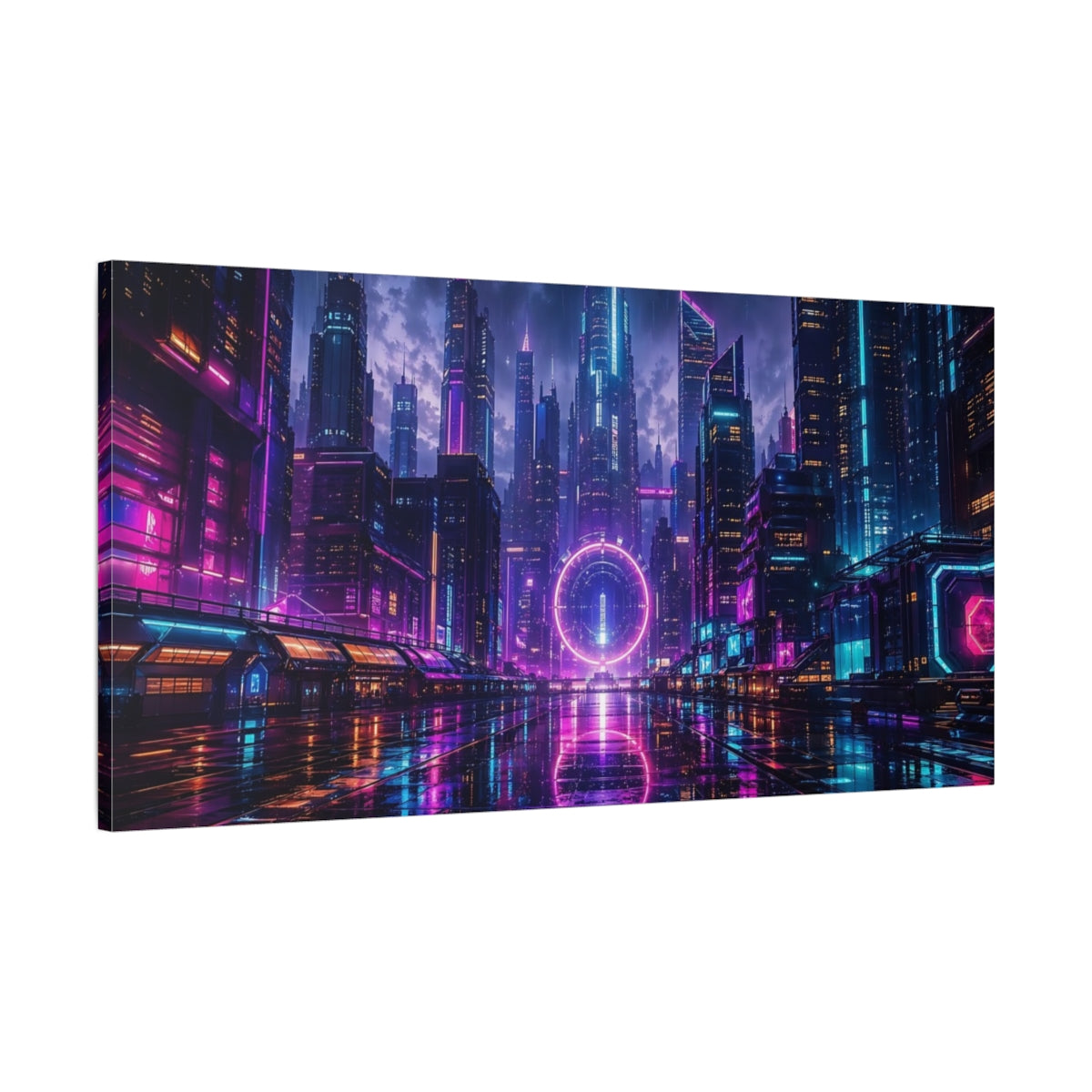 Main Mockup. Science Fiction Neon Cityscape Purple Blue Neon shown as stretched canvas wall art