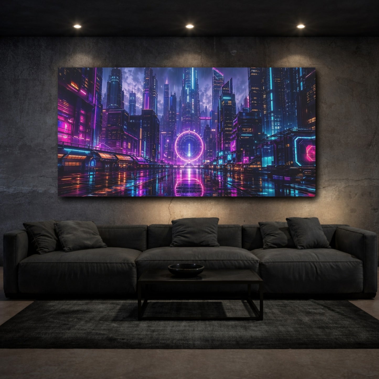 Mockup 2. Science Fiction Neon Cityscape Purple Blue Neon shown as stretched canvas wall art