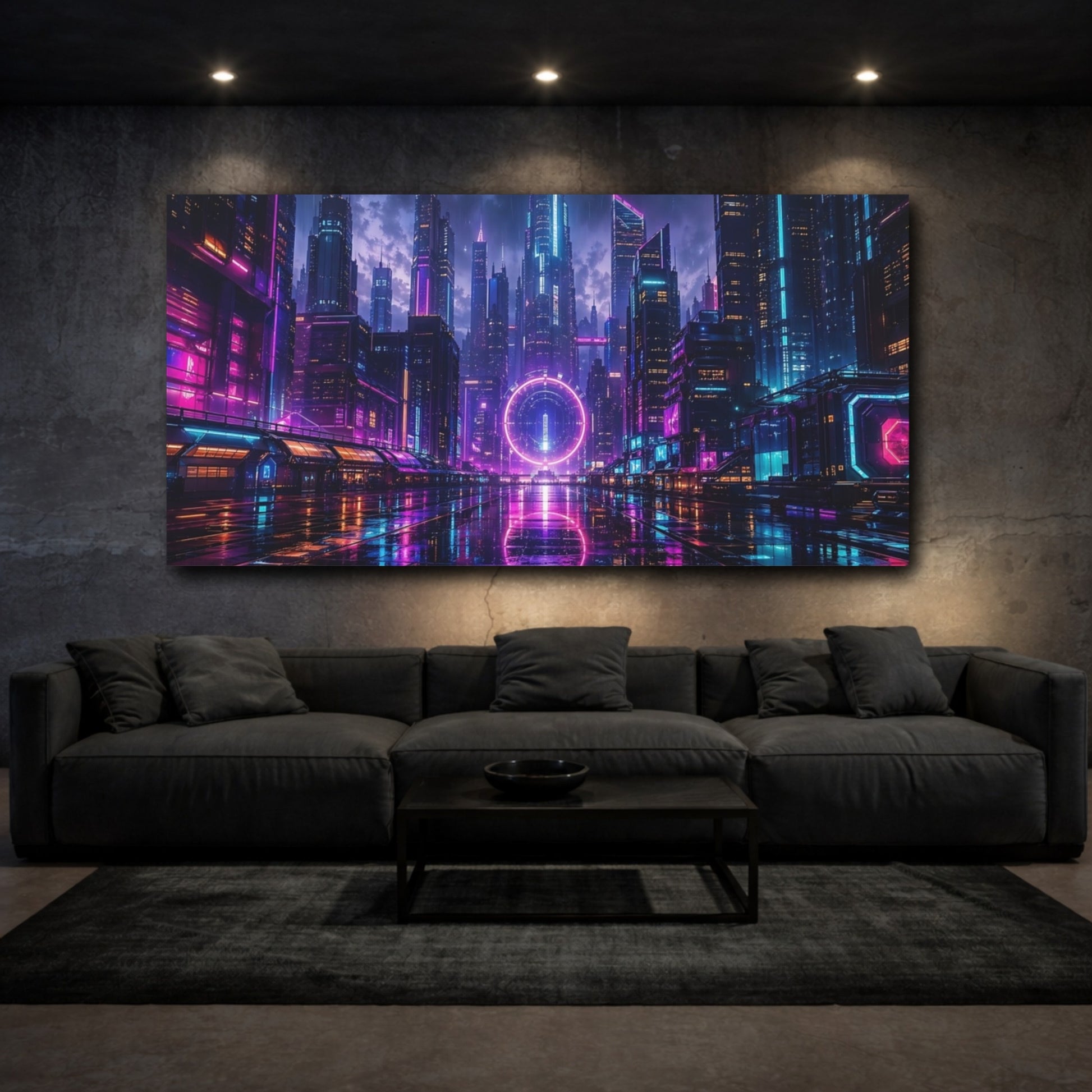 Mockup 2. Science Fiction Neon Cityscape Purple Blue Neon shown as stretched canvas wall art