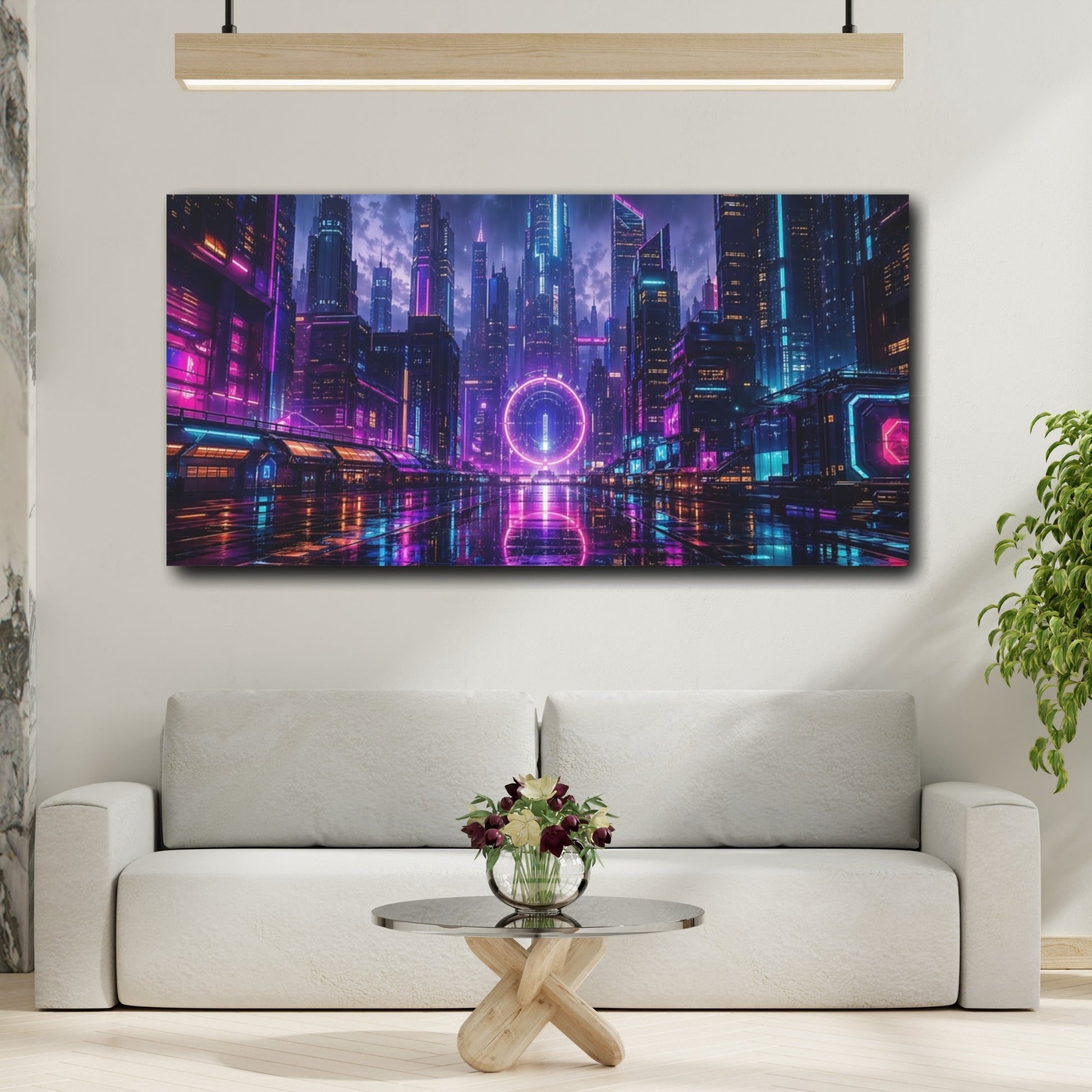 Mockup 3. Science Fiction Neon Cityscape Purple Blue Neon shown as stretched canvas wall art