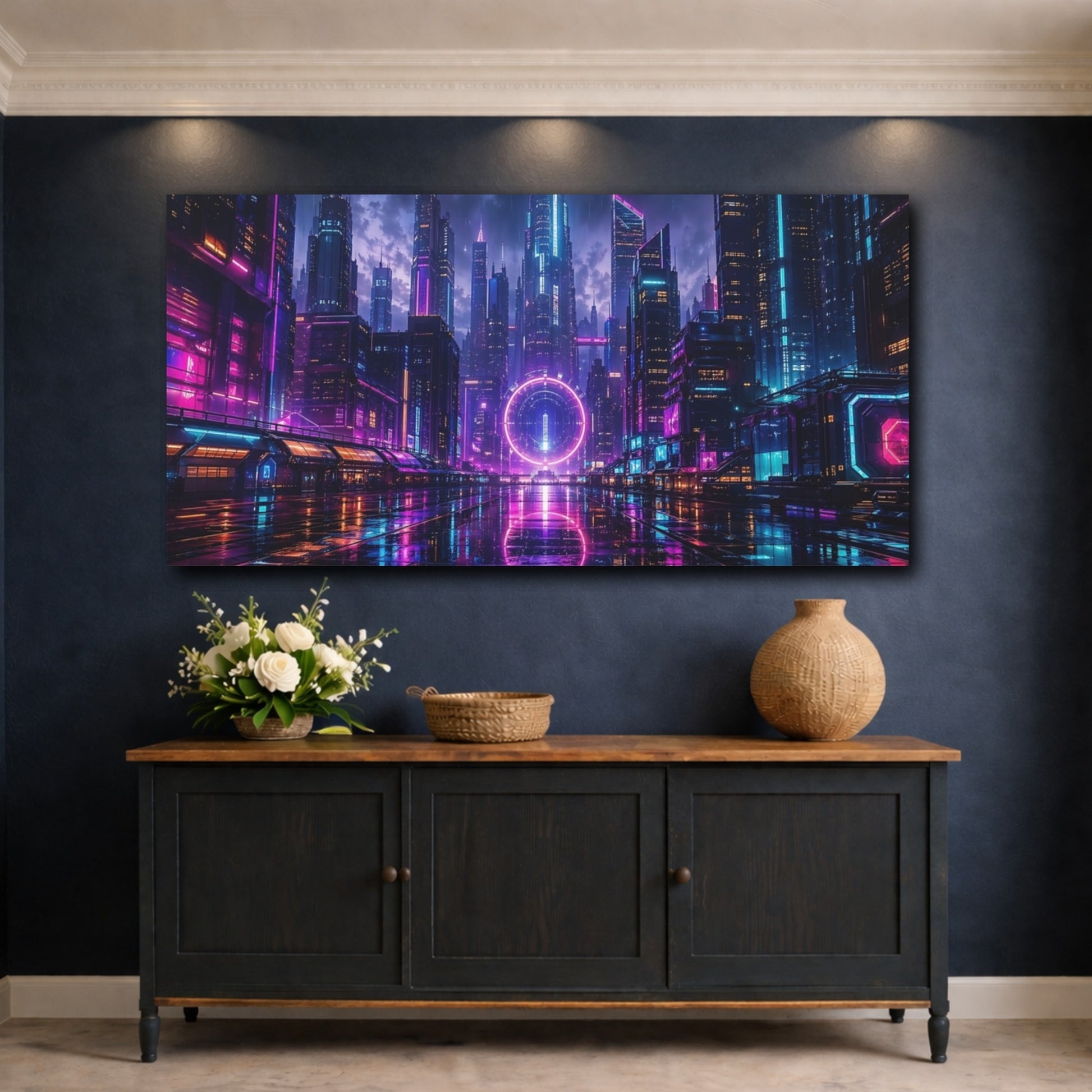 Mockup 4. Science Fiction Neon Cityscape Purple Blue Neon shown as stretched canvas wall art