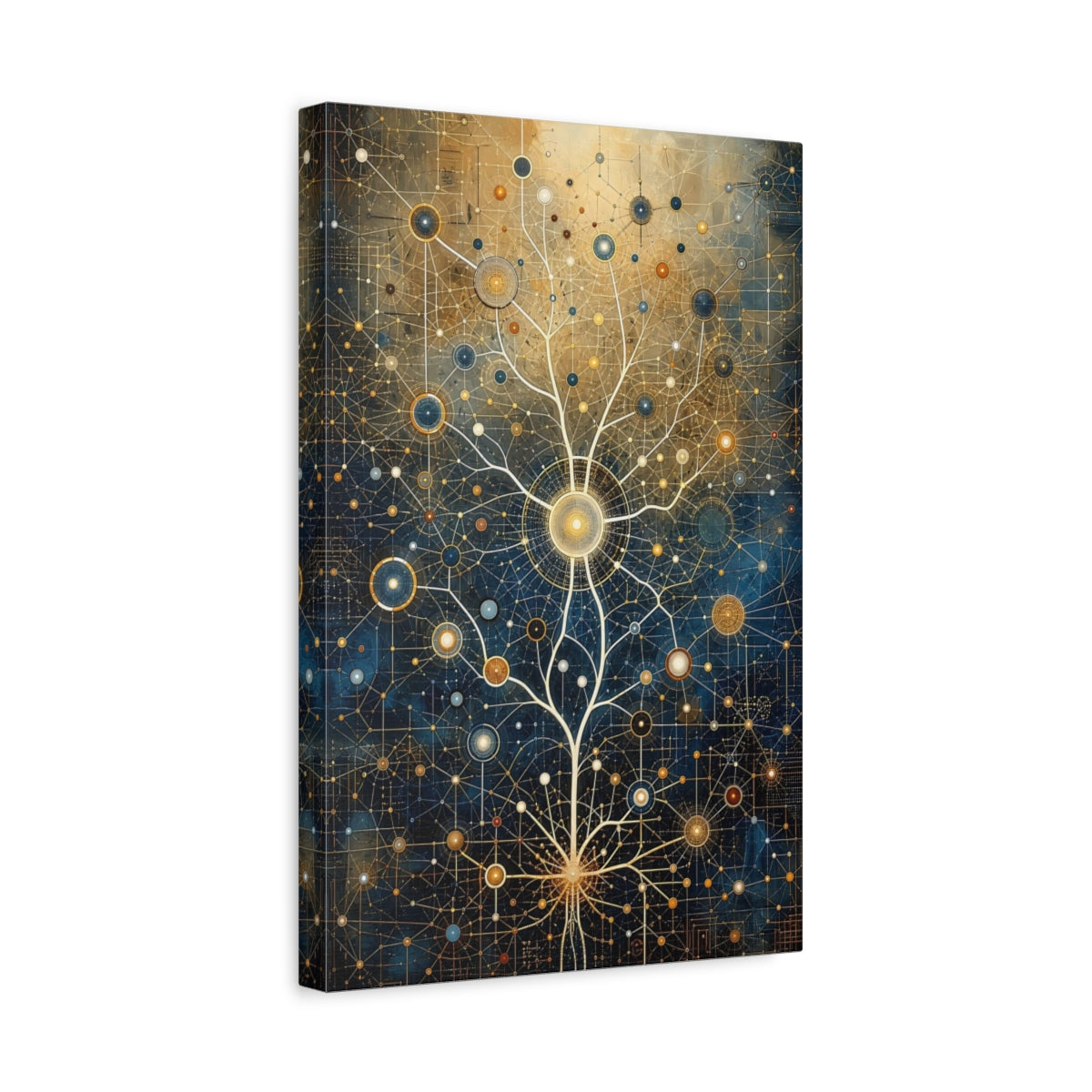 Side Mockup 4. Science Fiction Network Tree Blue And Gold shown as stretched canvas wall art