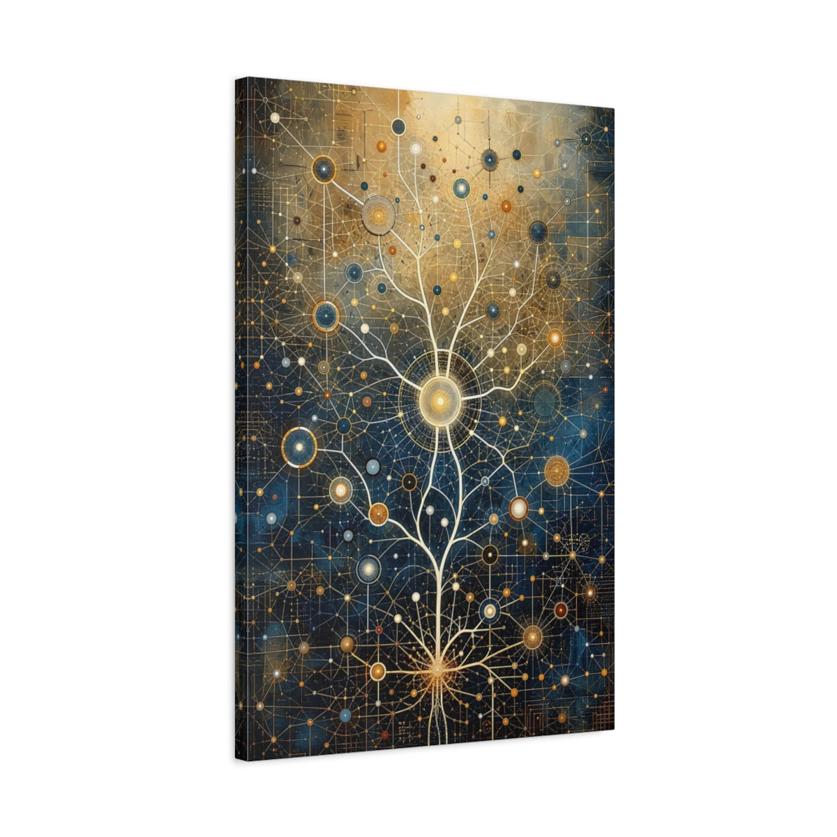 Side Mockup 2. Science Fiction Network Tree Blue And Gold shown as stretched canvas wall art