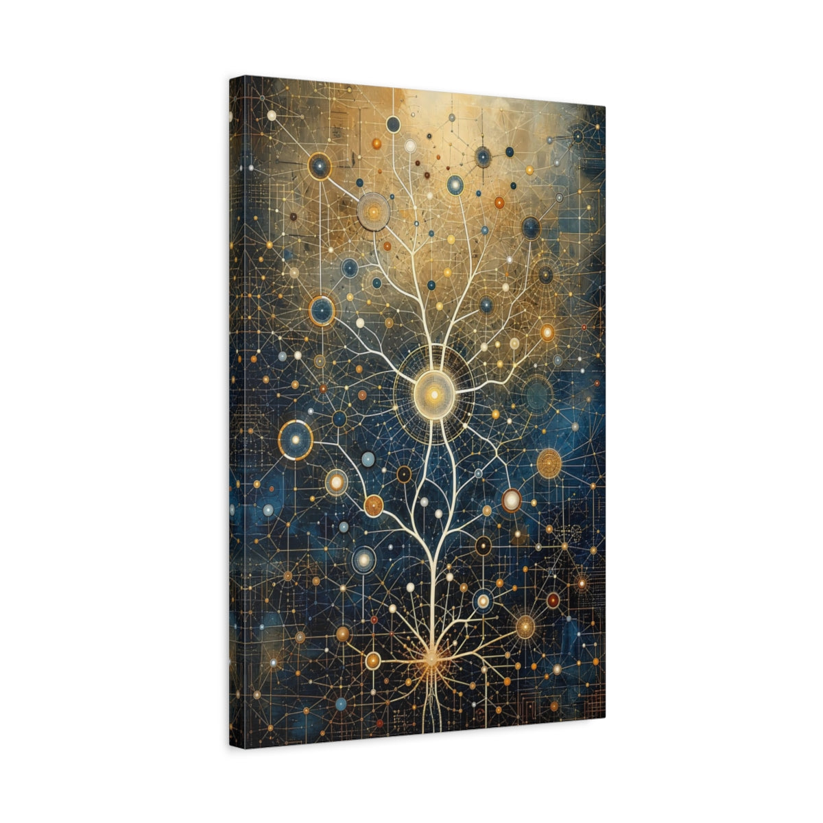 Side Mockup 3. Science Fiction Network Tree Blue And Gold shown as stretched canvas wall art