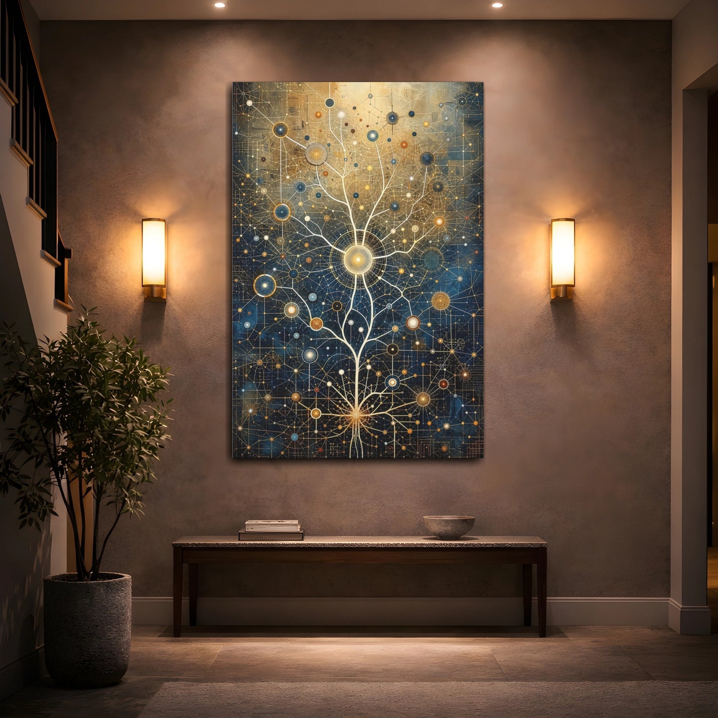 Mockup 2. Science Fiction Network Tree Blue And Gold shown as stretched canvas wall art