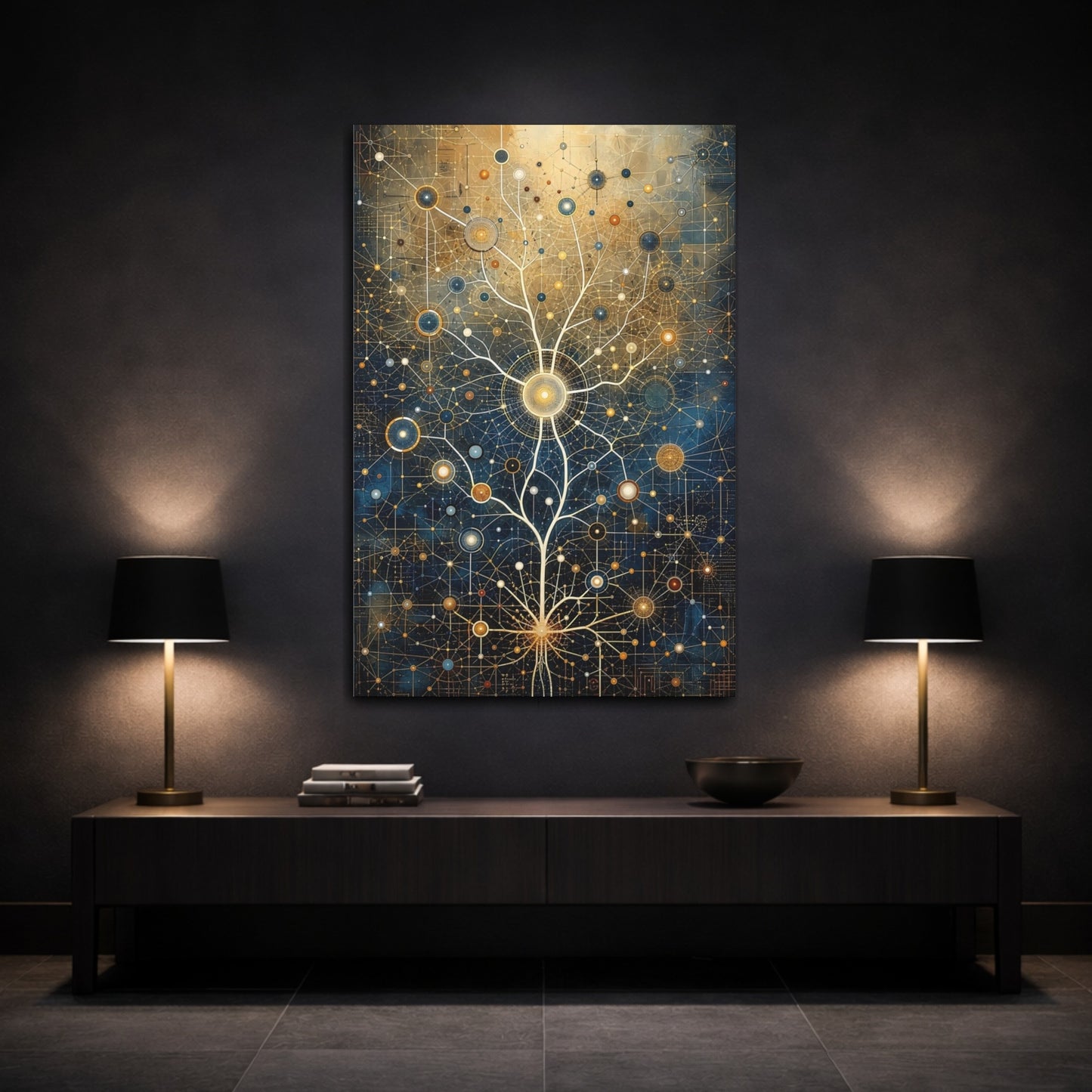 Mockup 3. Science Fiction Network Tree Blue And Gold shown as stretched canvas wall art