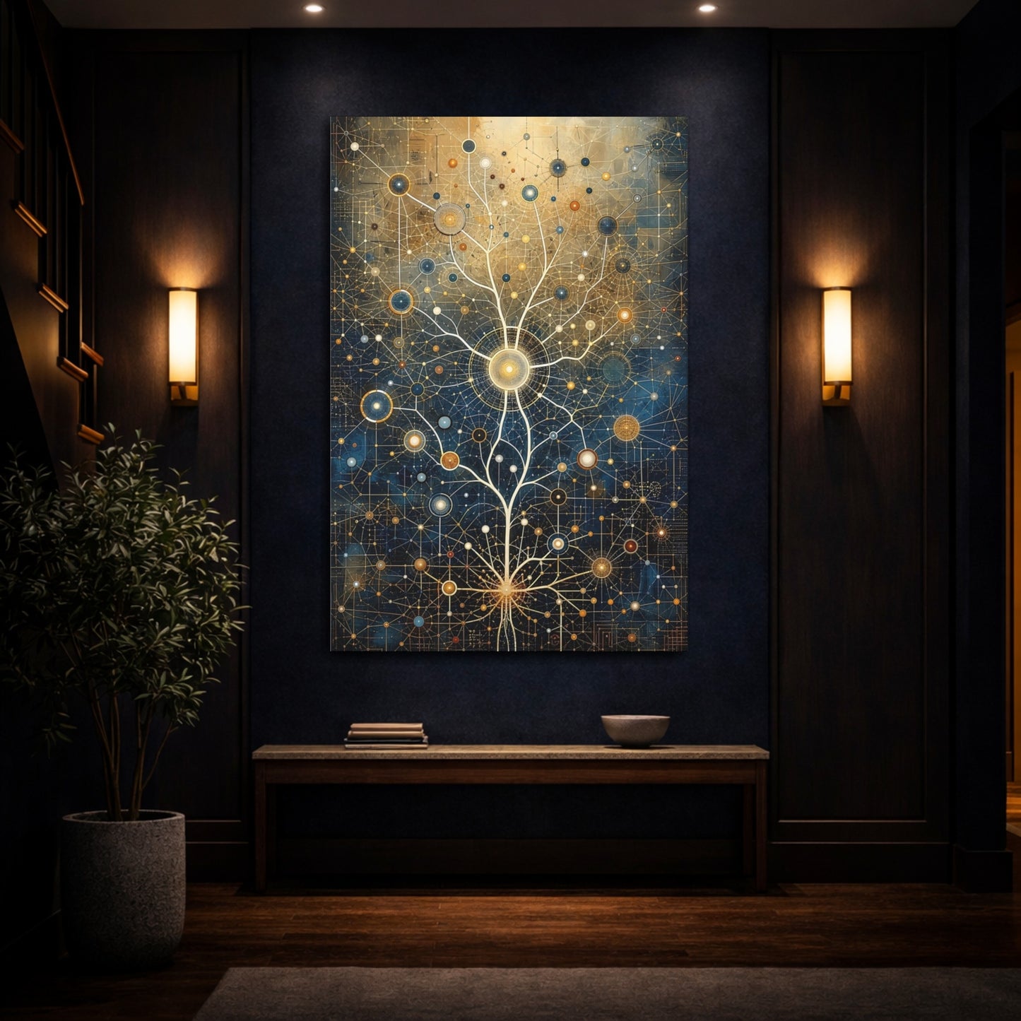 Mockup 4. Science Fiction Network Tree Blue And Gold shown as stretched canvas wall art