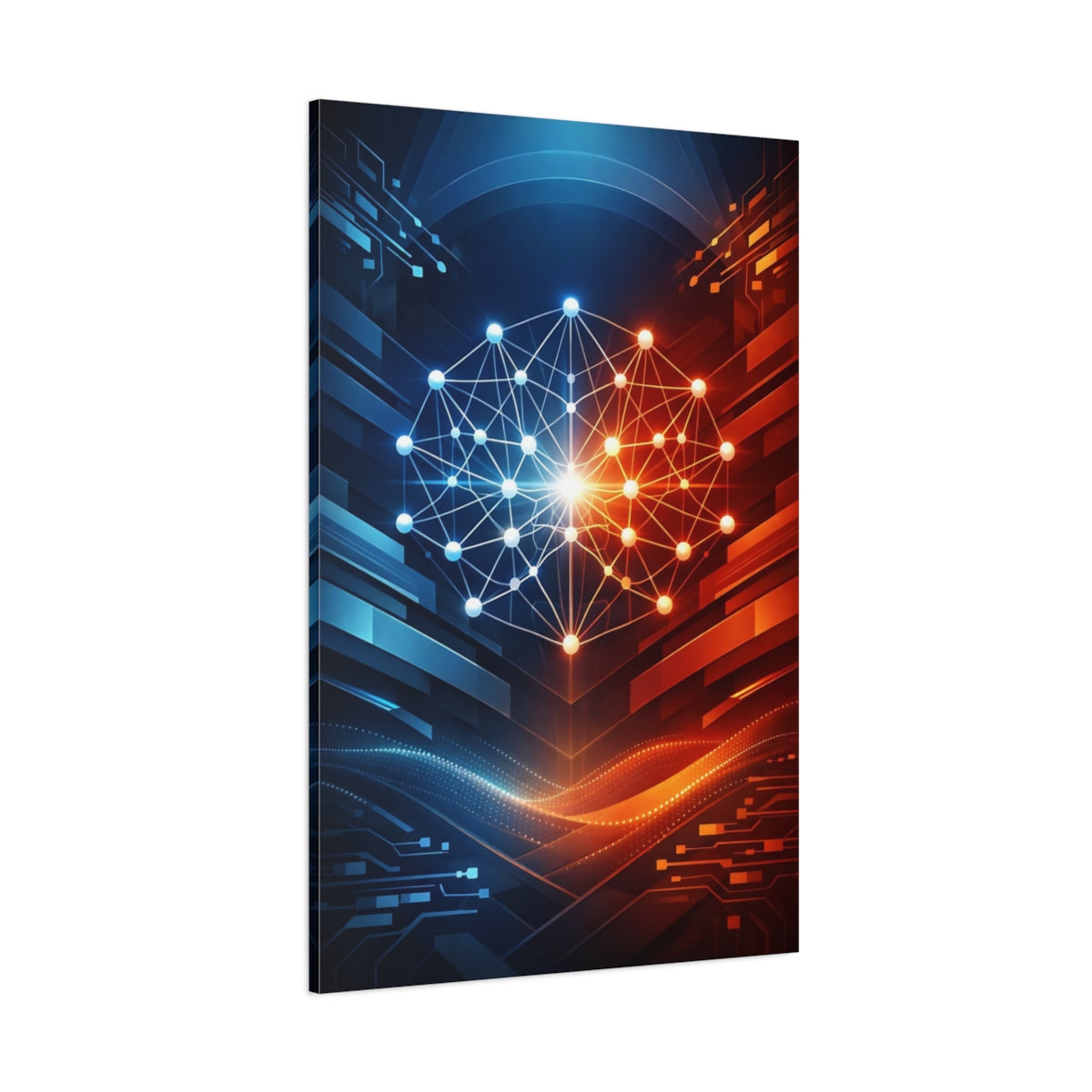 Main Mockup. Science Fiction Neural Network Blue Orange Tech shown as stretched canvas wall art