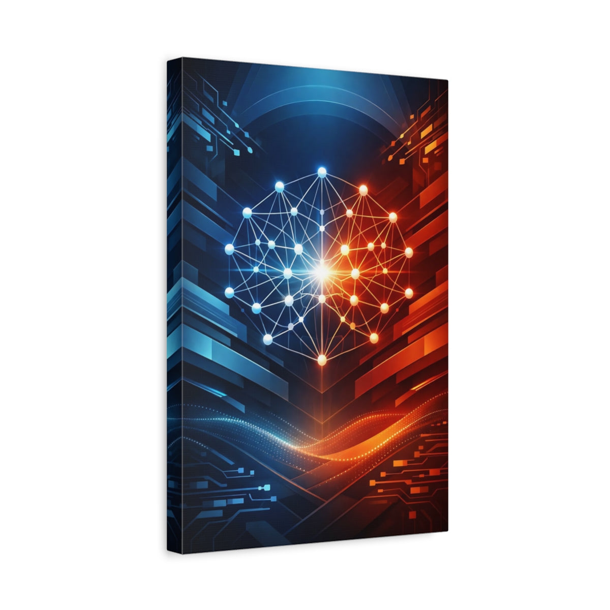 Side Mockup 4. Science Fiction Neural Network Blue Orange Tech shown as stretched canvas wall art