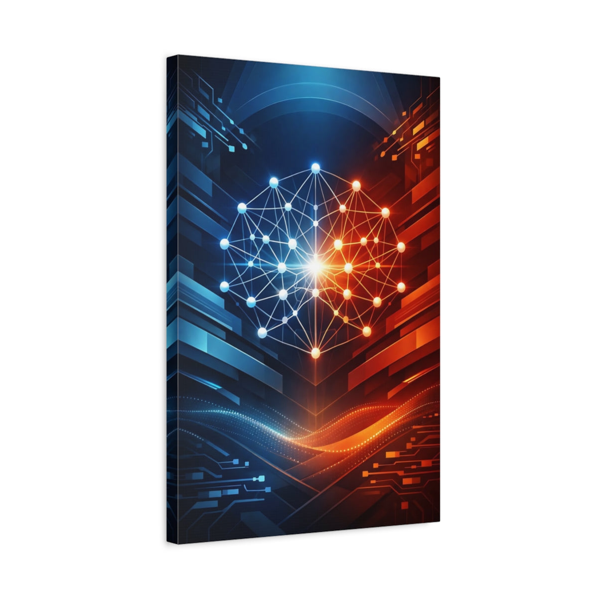 Side Mockup 3. Science Fiction Neural Network Blue Orange Tech shown as stretched canvas wall art