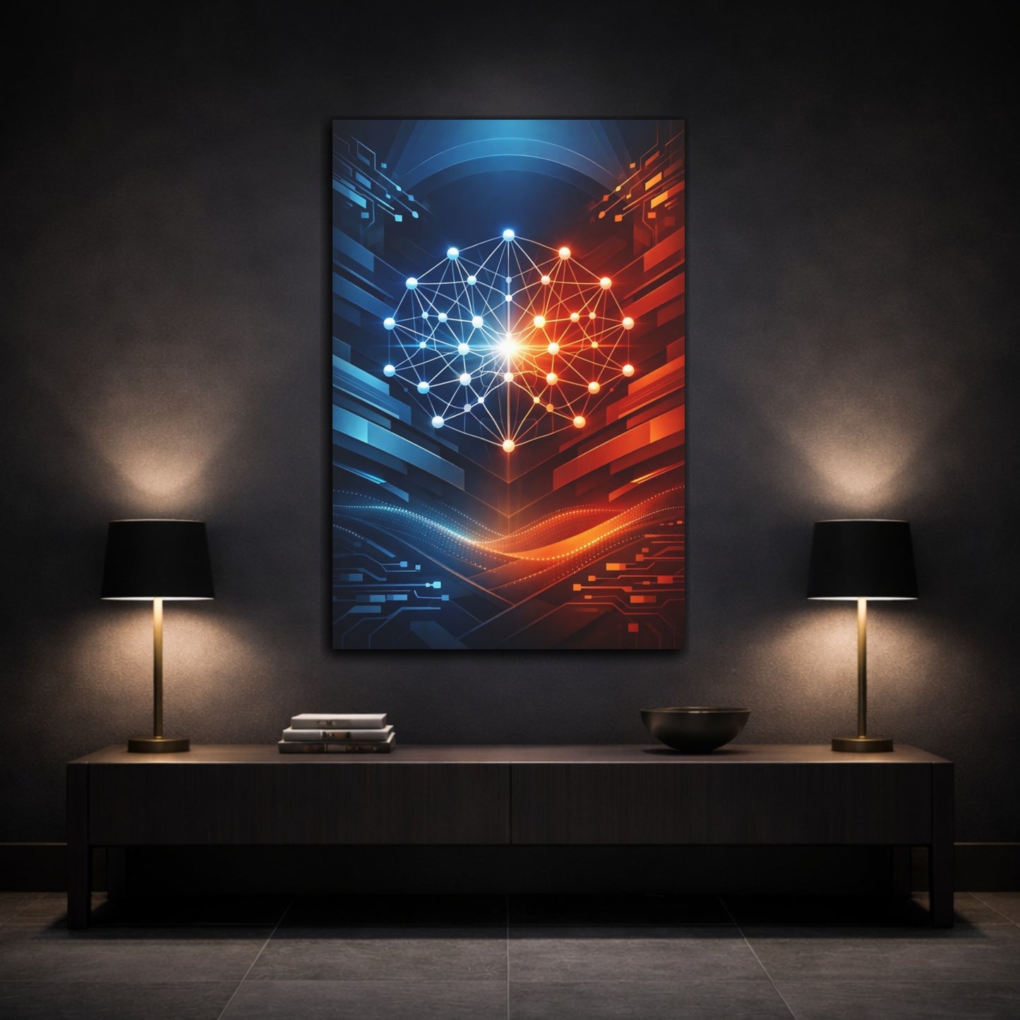 Mockup 2. Science Fiction Neural Network Blue Orange Tech shown as stretched canvas wall art