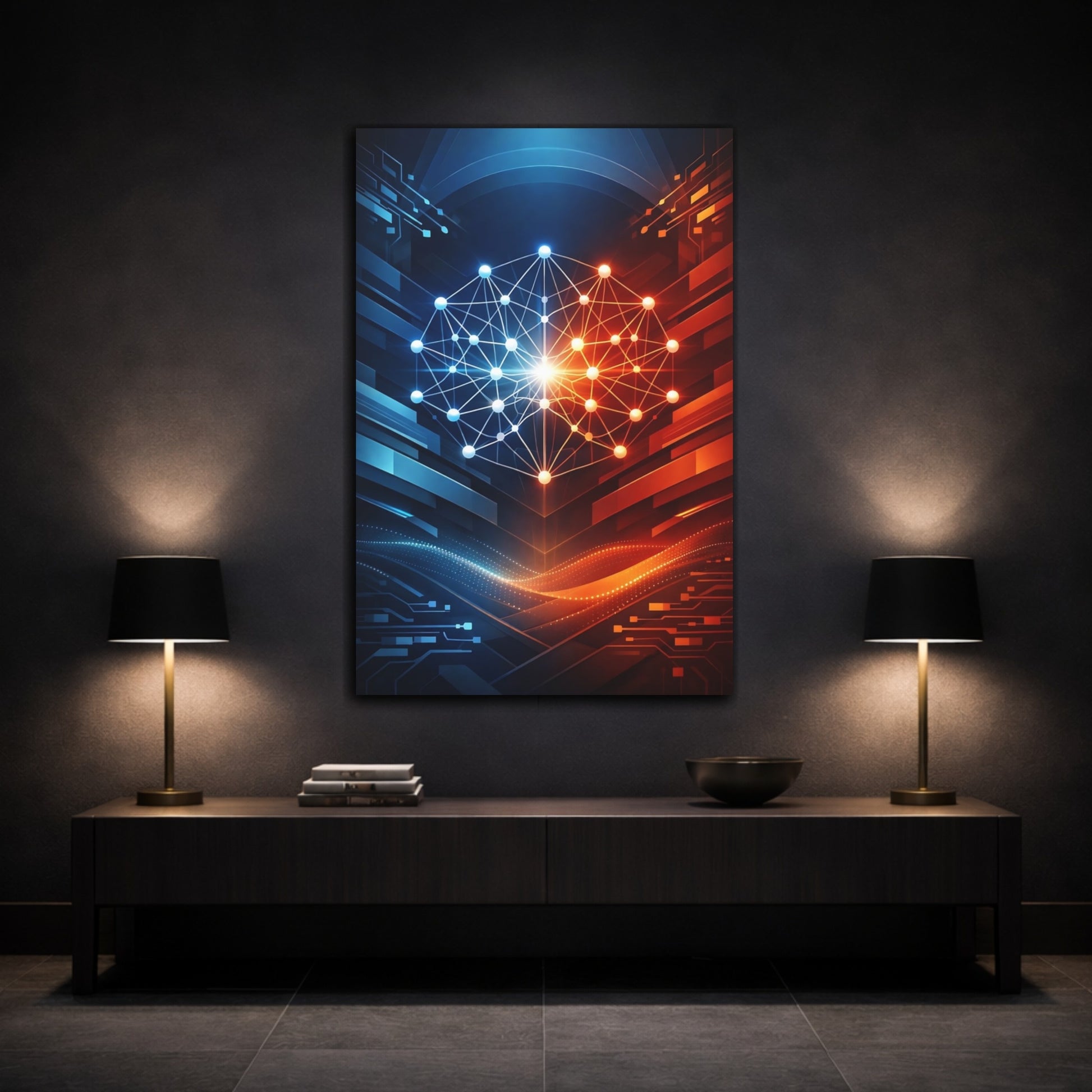 Mockup 2. Science Fiction Neural Network Blue Orange Tech shown as stretched canvas wall art