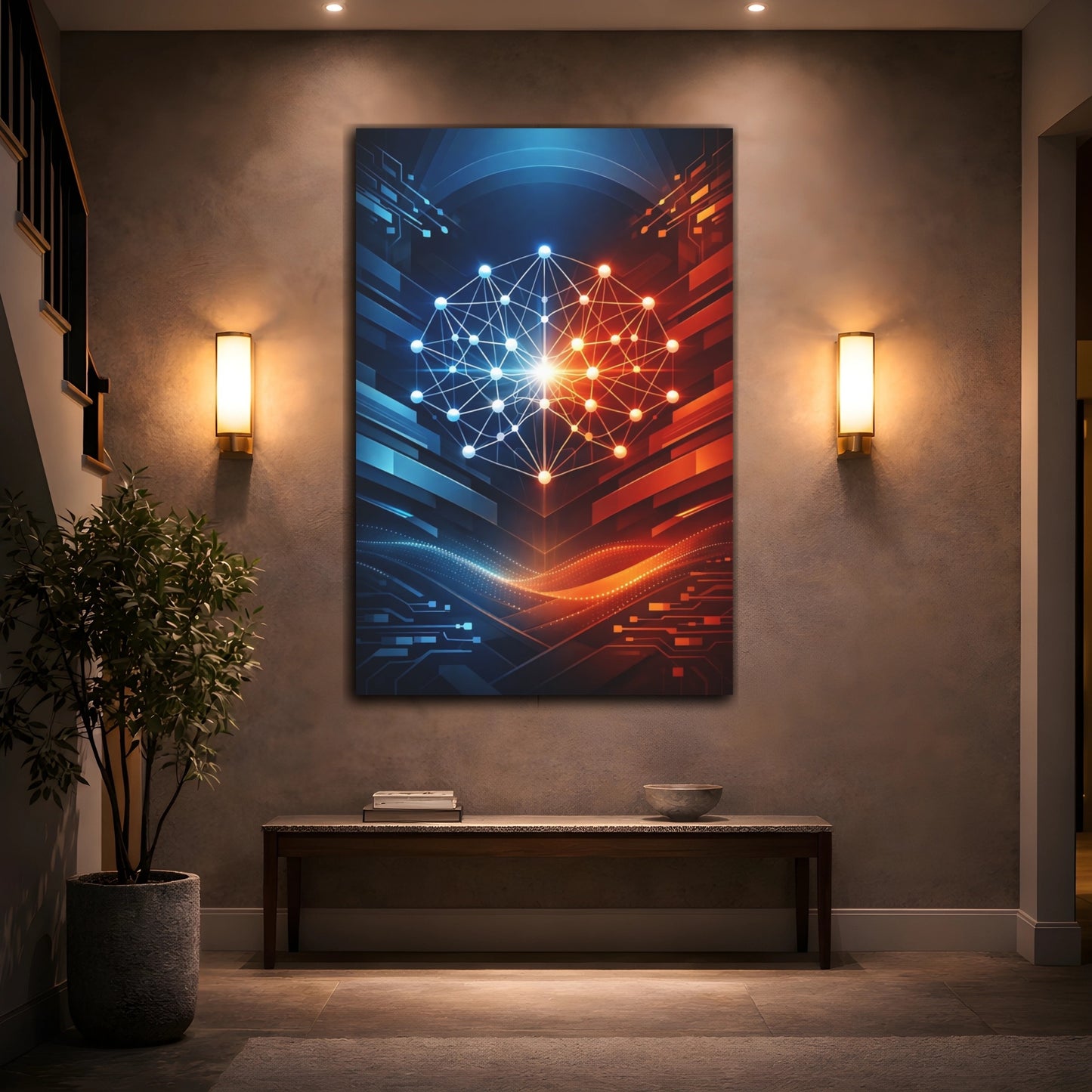 Mockup 3. Science Fiction Neural Network Blue Orange Tech shown as stretched canvas wall art