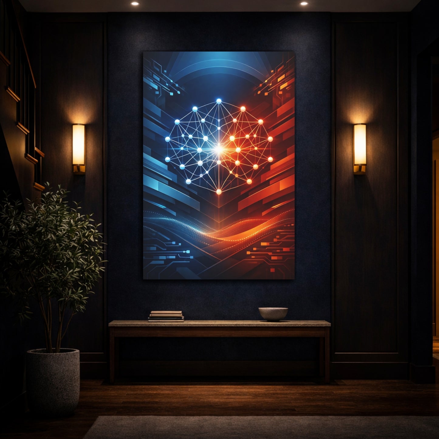 Mockup 4. Science Fiction Neural Network Blue Orange Tech shown as stretched canvas wall art
