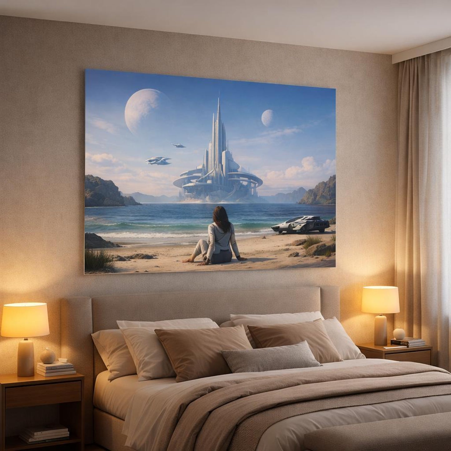 Science Fiction Ocean Beach shown as canvas wall art in a luxury bedroom
