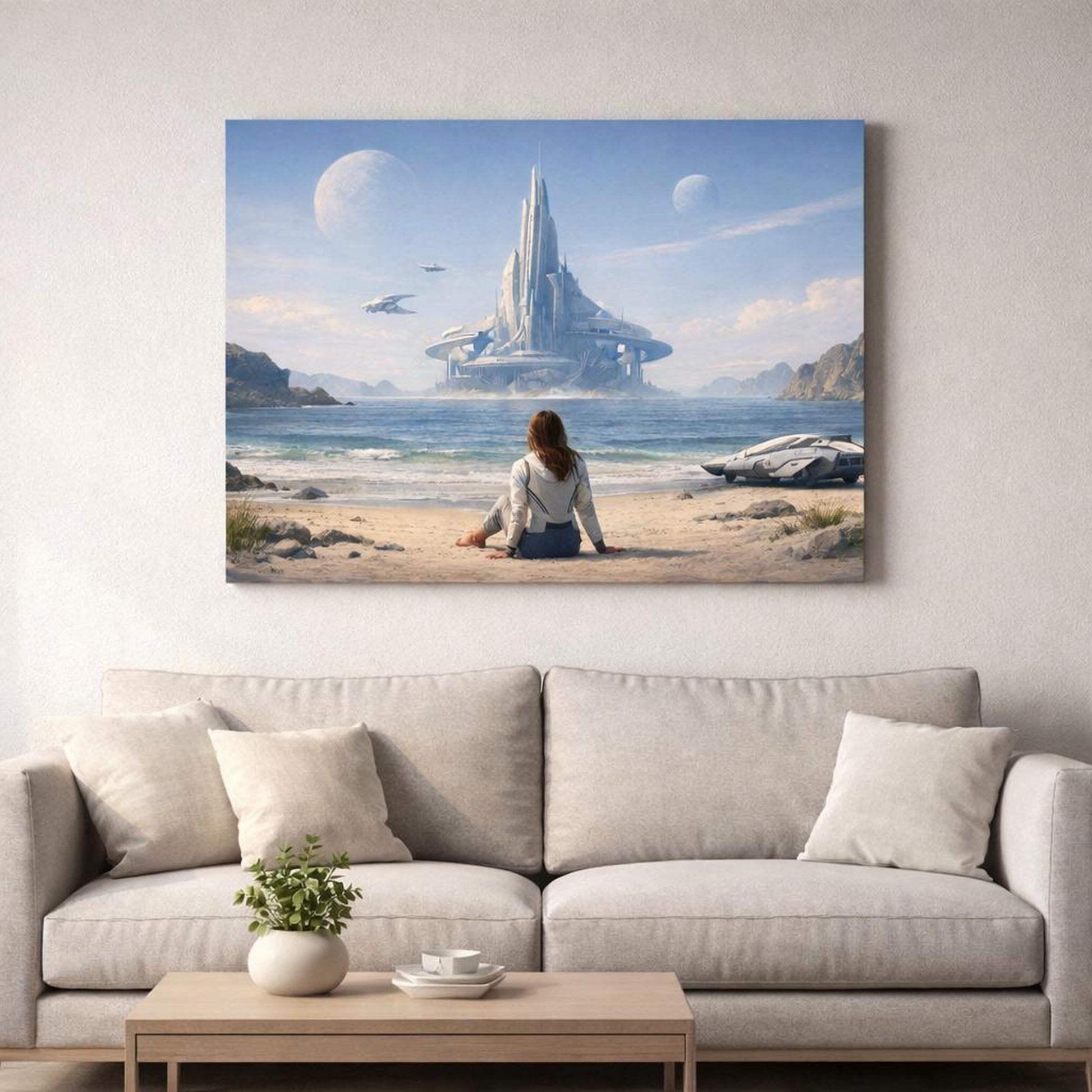 Science Fiction Ocean Beach shown as canvas wall art in a refined dining room
