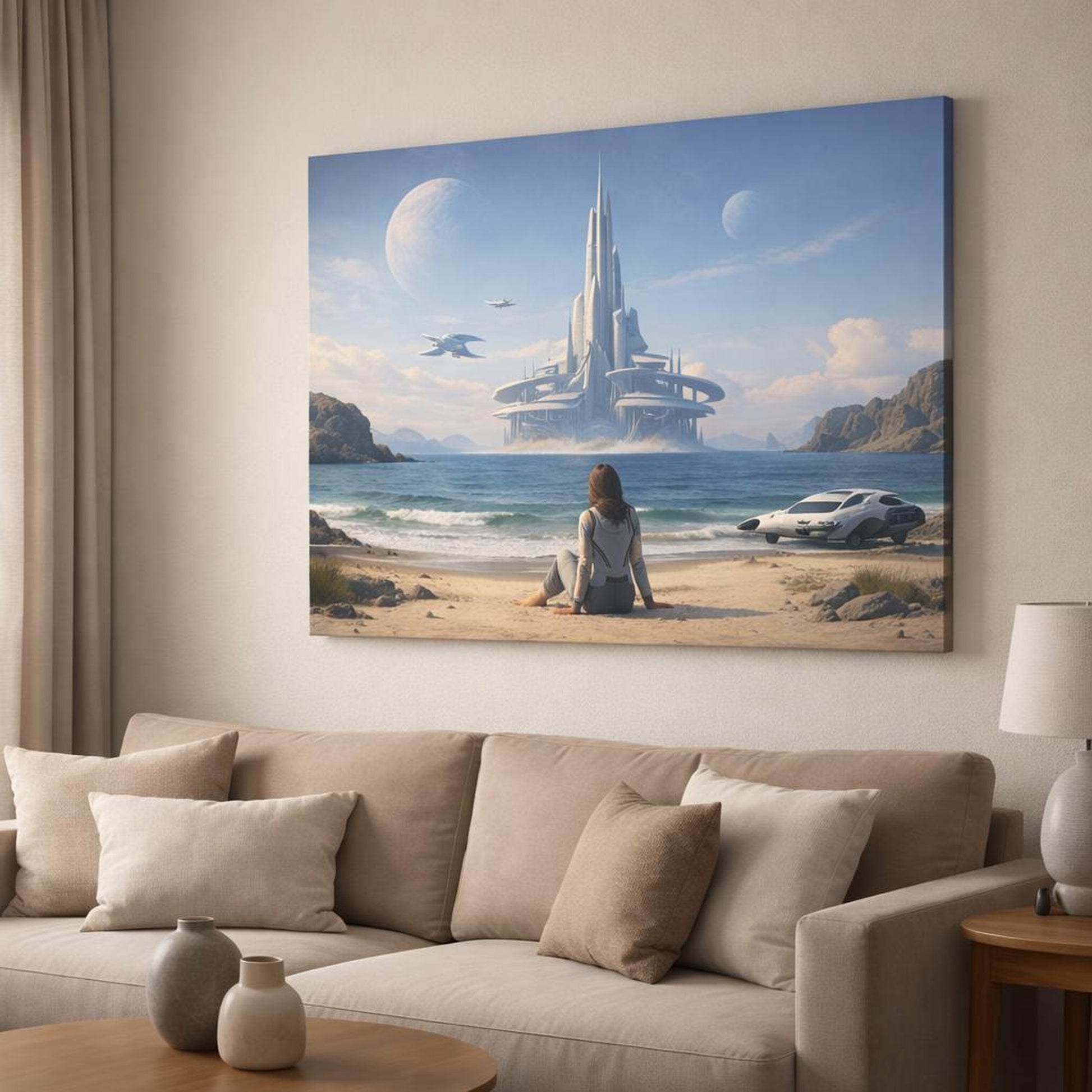 Science Fiction Ocean Beach shown as canvas wall art in a modern living room