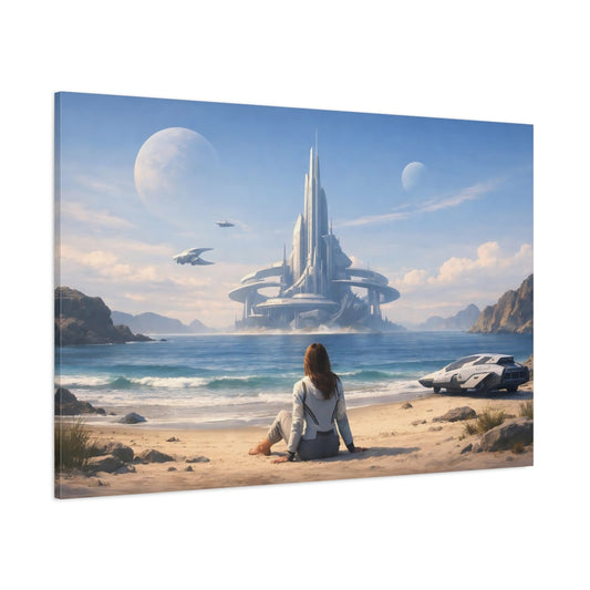 Science Fiction Ocean Beach shown as stretched canvas wall art