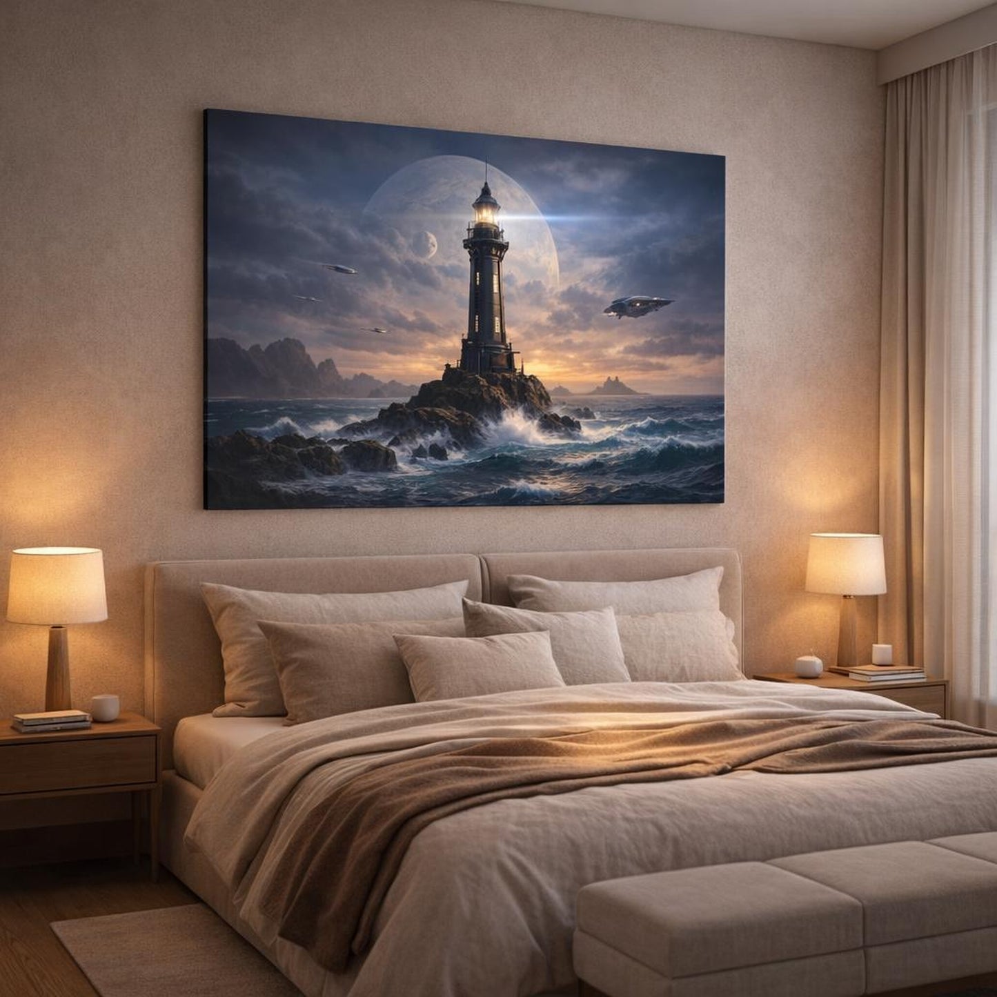 Science Fiction Ocean Lighthouse shown as canvas wall art in a luxury bedroom