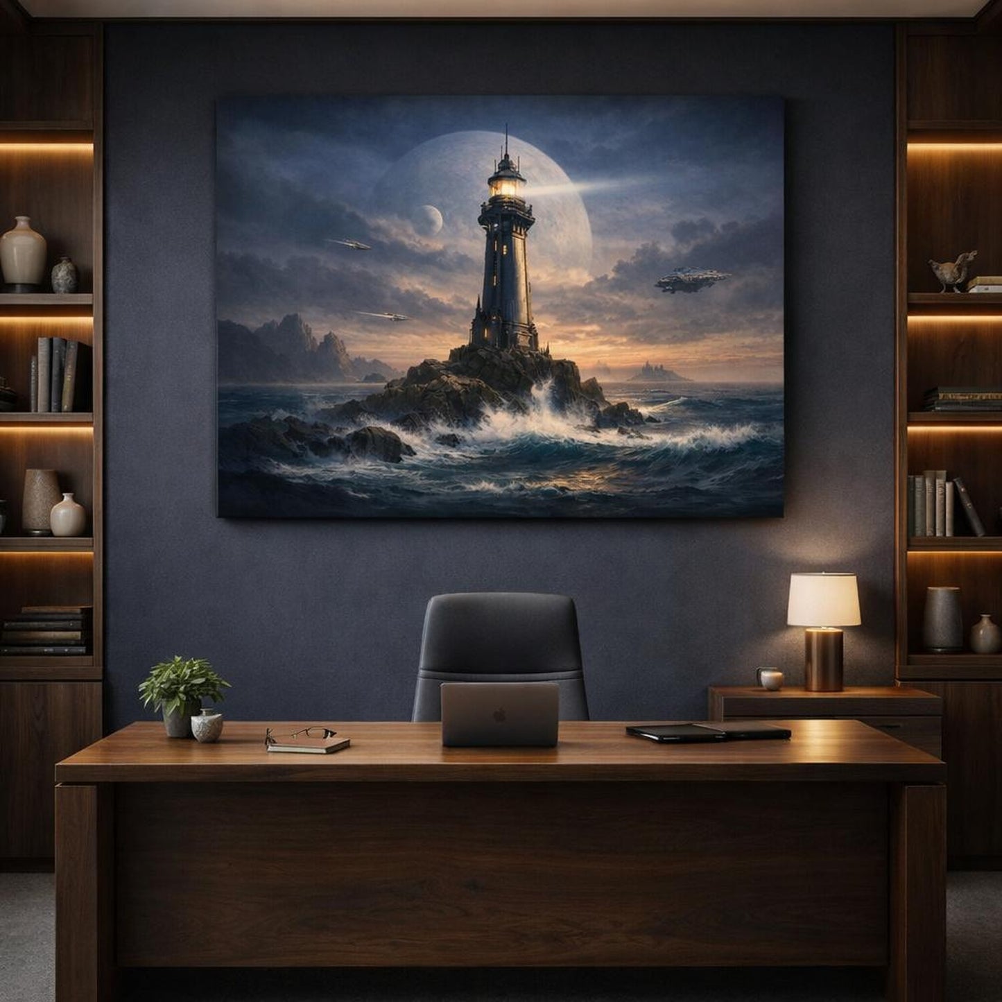 Science Fiction Ocean Lighthouse shown as canvas wall art in a refined dining room
