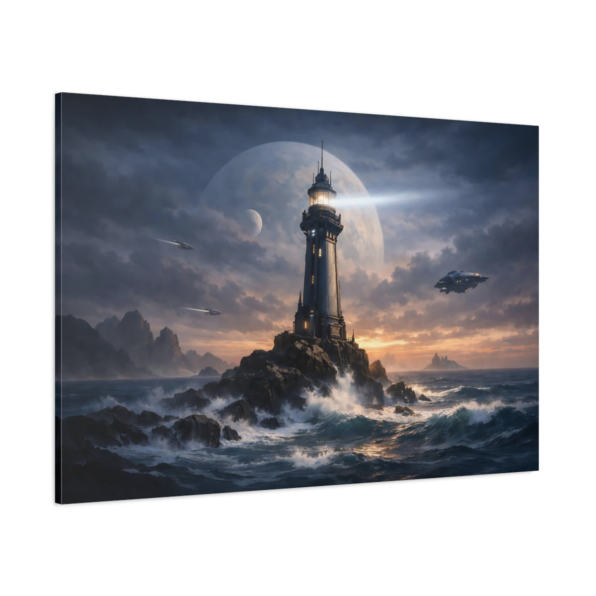 Science Fiction Ocean Lighthouse shown as stretched canvas wall art