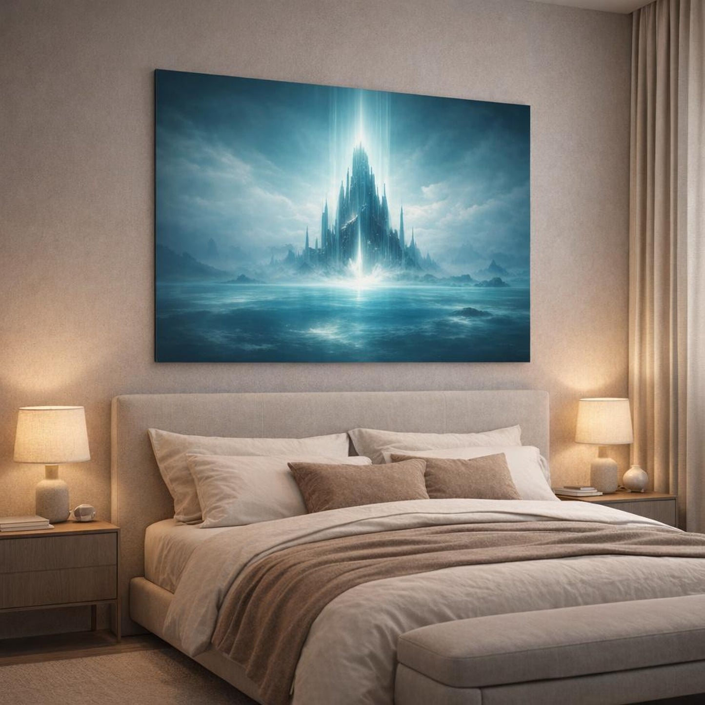 Science Fiction Ocean Teal shown as canvas wall art in a luxury bedroom