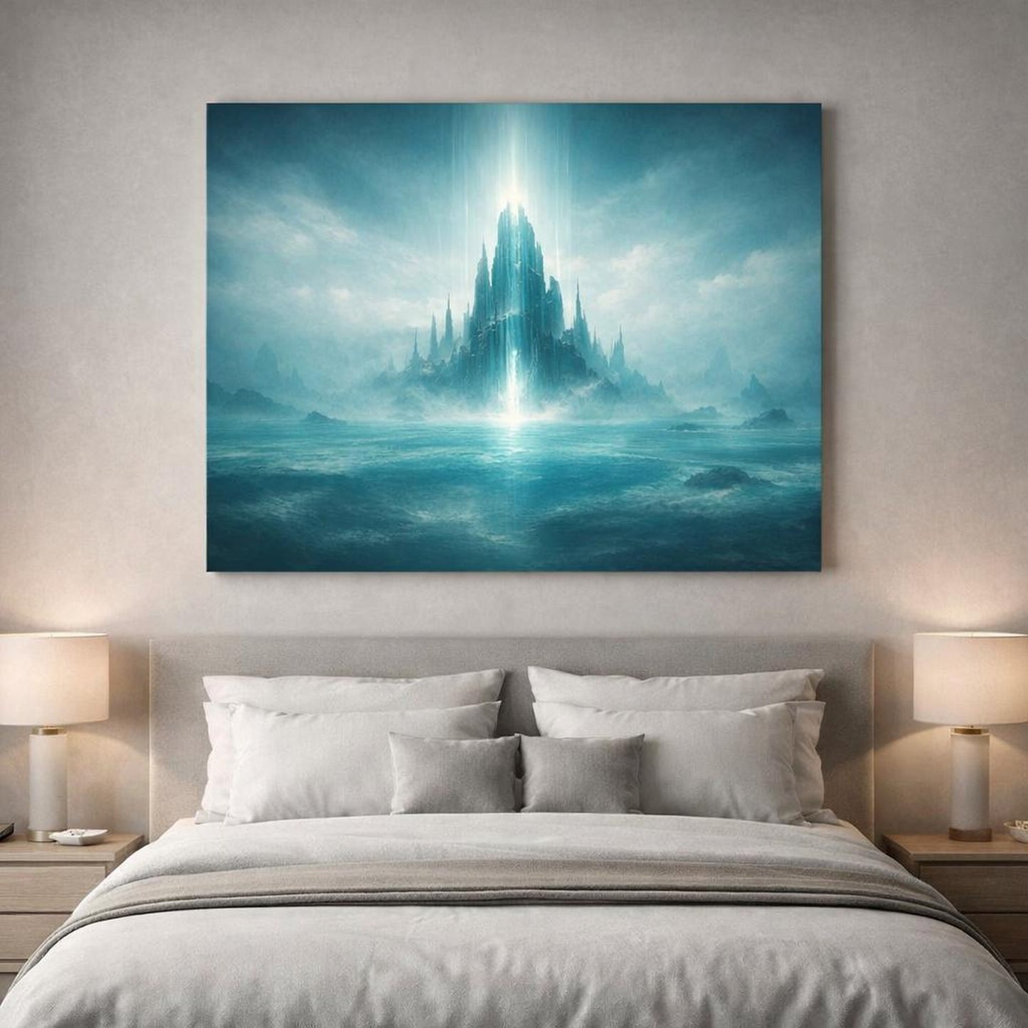 Science Fiction Ocean Teal shown as canvas wall art in a luxury executive office
