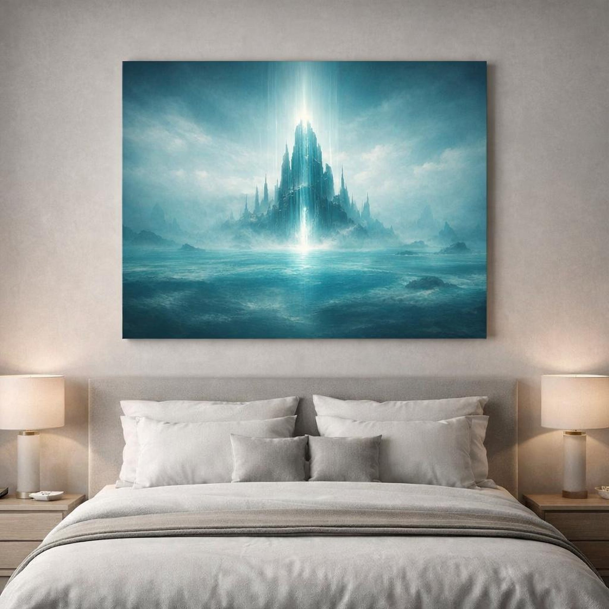 Science Fiction Ocean Teal shown as canvas wall art in a luxury executive office