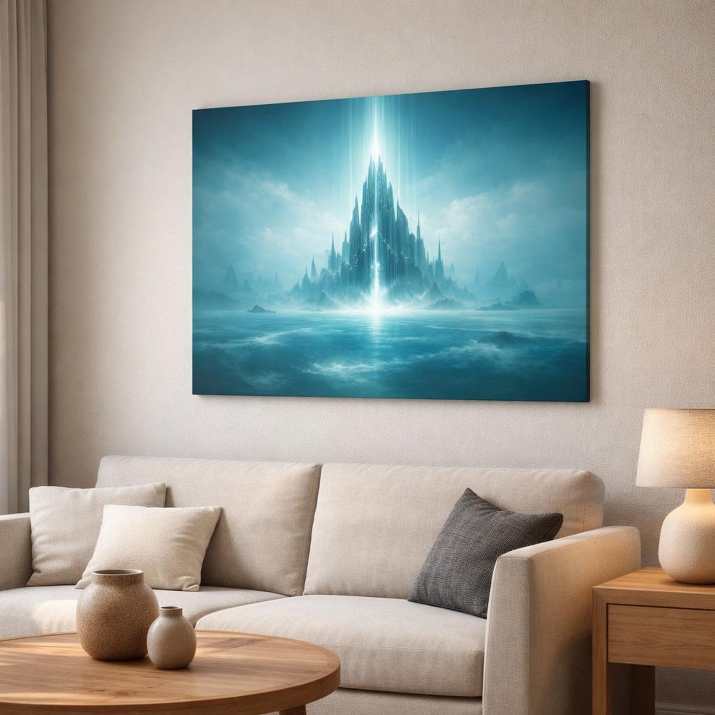 Science Fiction Ocean Teal shown as canvas wall art in a modern living room