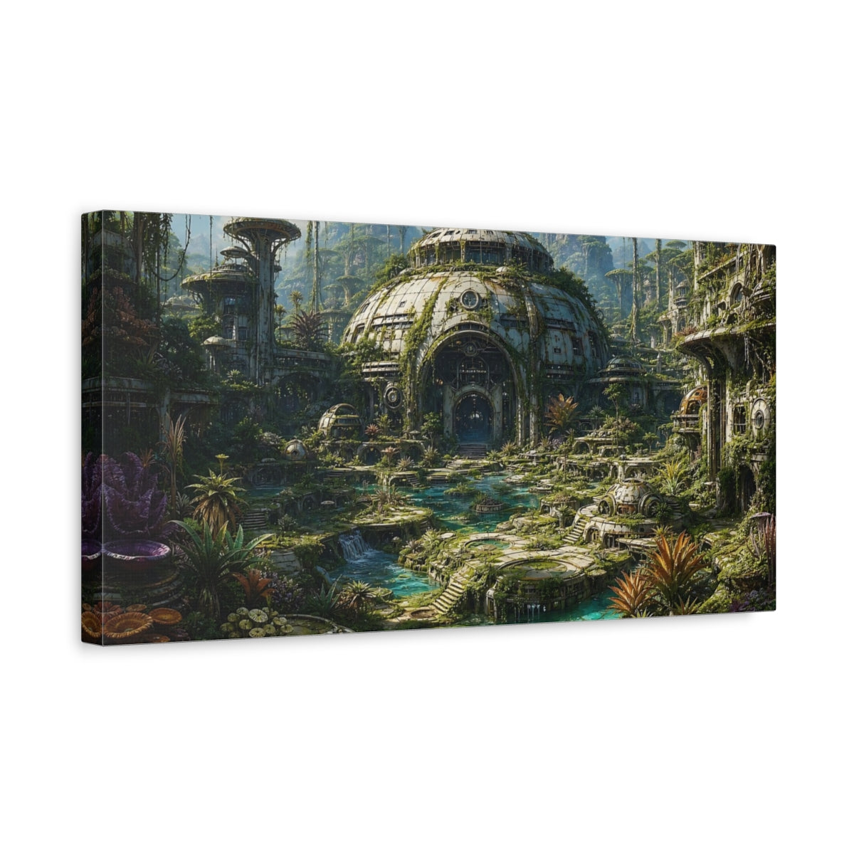 Side Mockup 3. Science Fiction Overgrown City Green And Teal shown as stretched canvas wall art