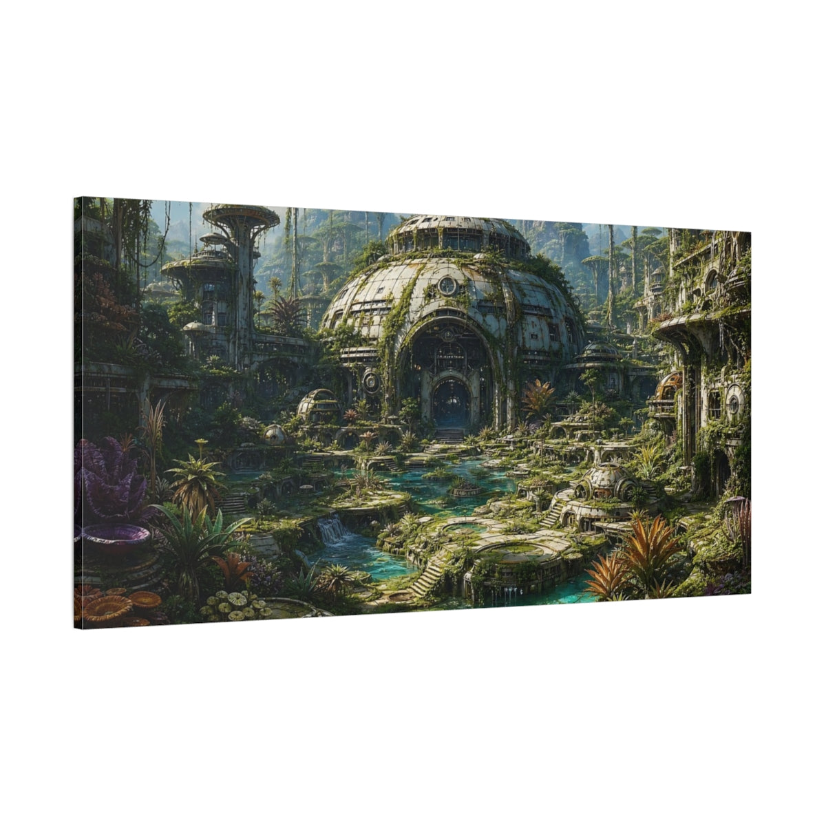 Side Mockup 2. Science Fiction Overgrown City Green And Teal shown as stretched canvas wall art