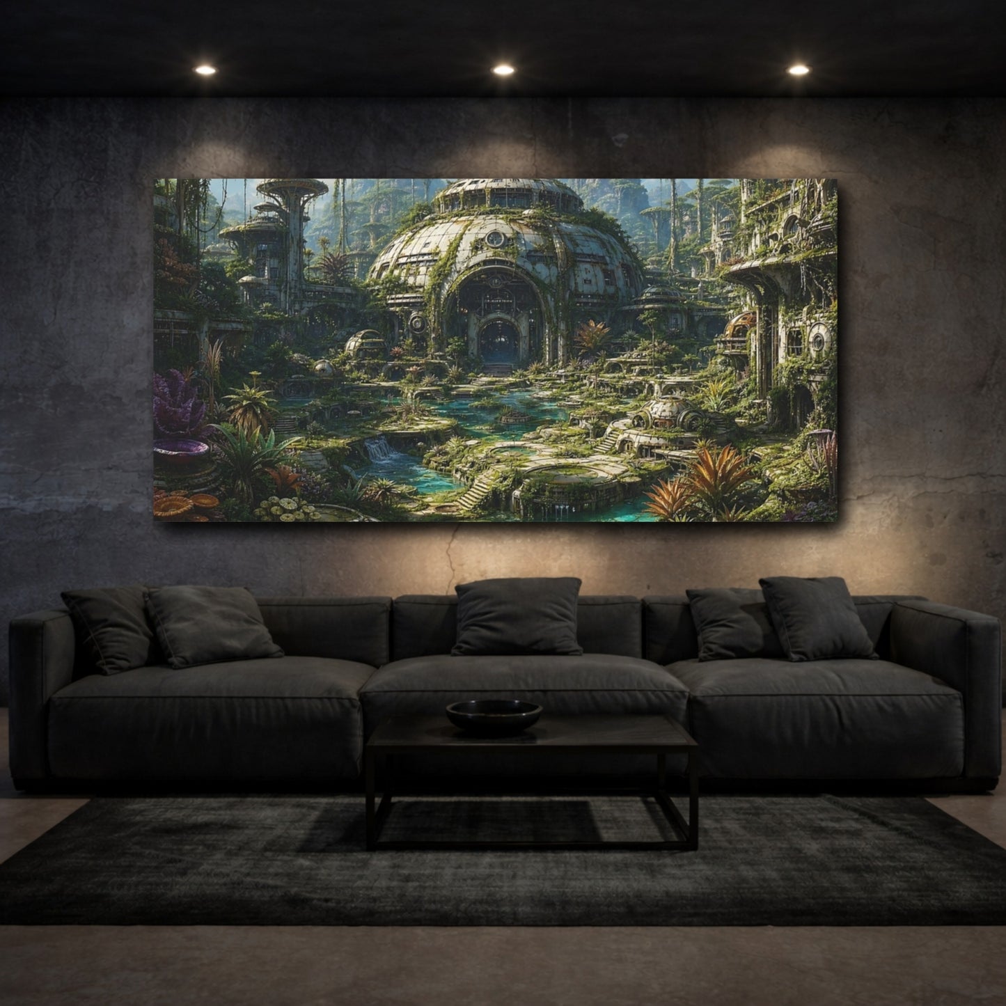Mockup 2. Science Fiction Overgrown City Green And Teal shown as stretched canvas wall art