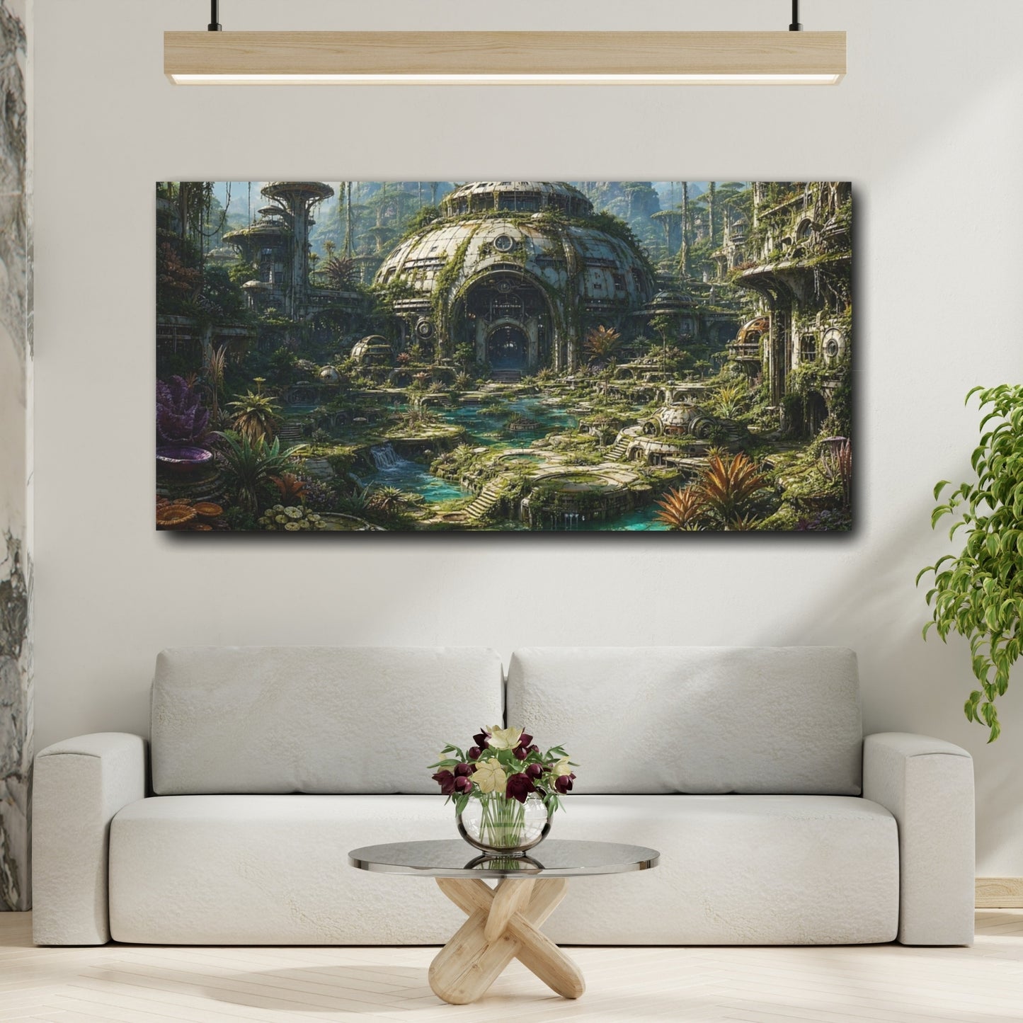 Mockup 3. Science Fiction Overgrown City Green And Teal shown as stretched canvas wall art