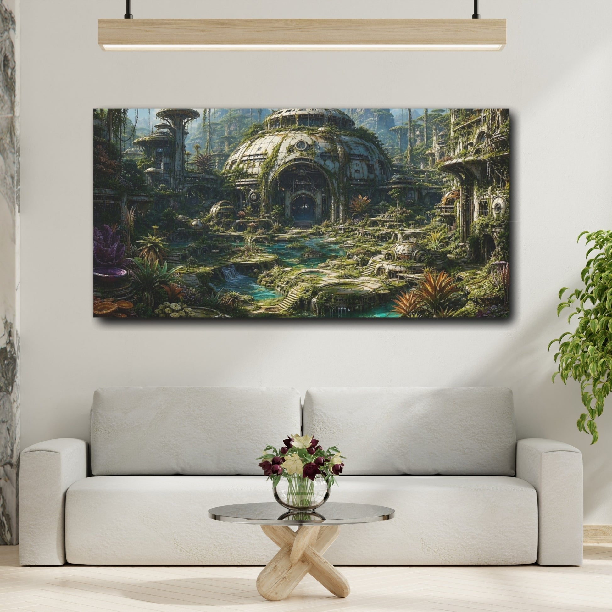 Mockup 3. Science Fiction Overgrown City Green And Teal shown as stretched canvas wall art
