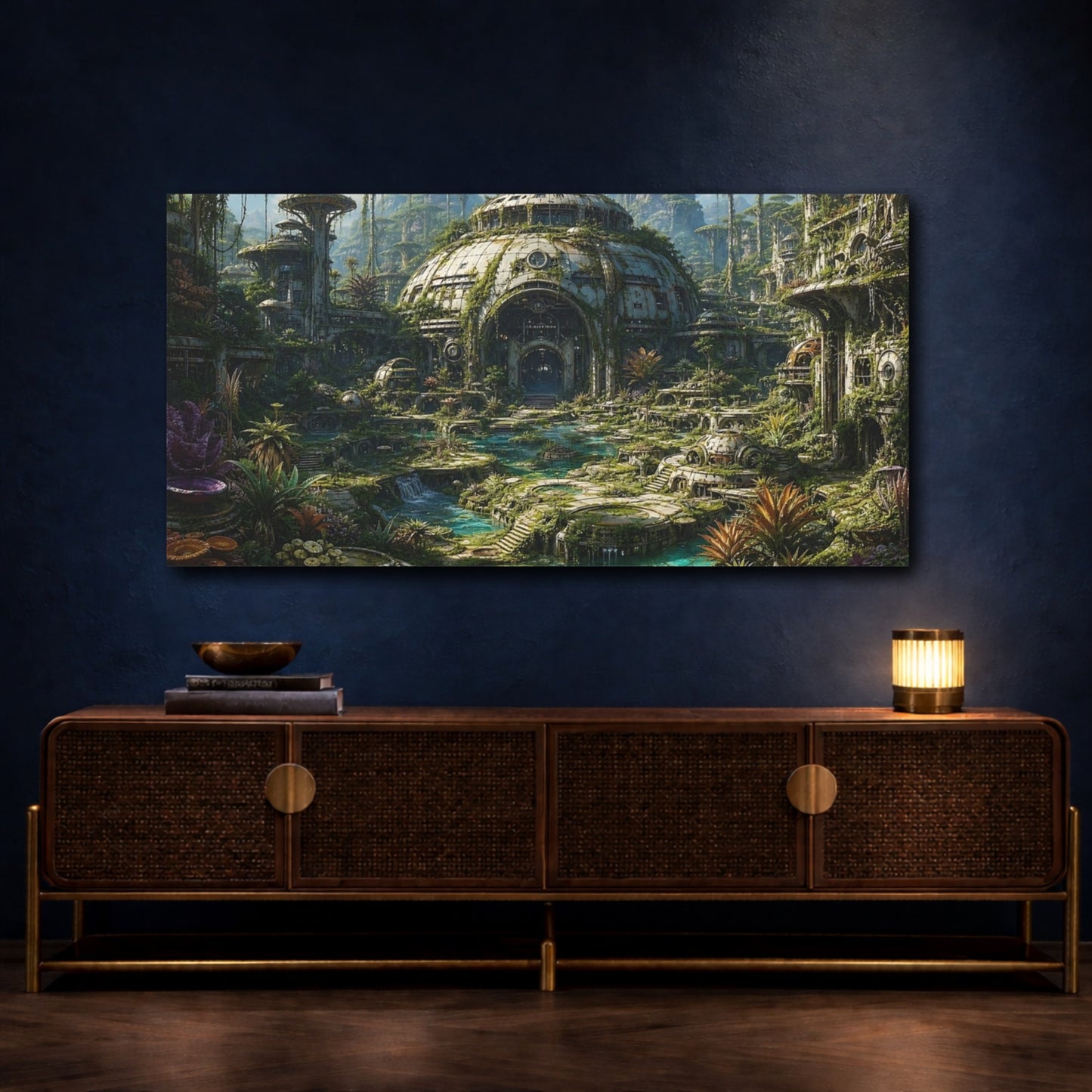 Mockup 4. Science Fiction Overgrown City Green And Teal shown as stretched canvas wall art