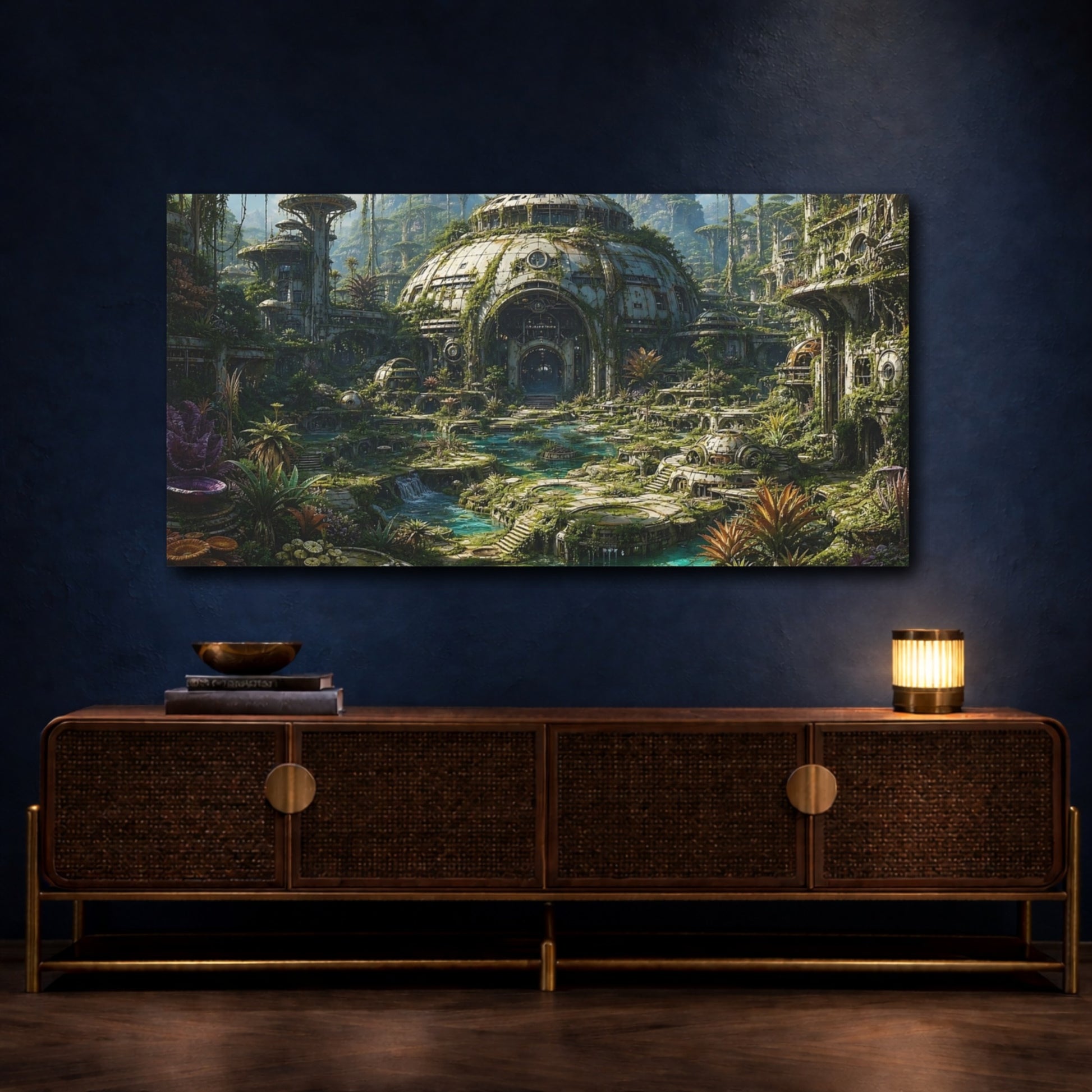 Mockup 4. Science Fiction Overgrown City Green And Teal shown as stretched canvas wall art