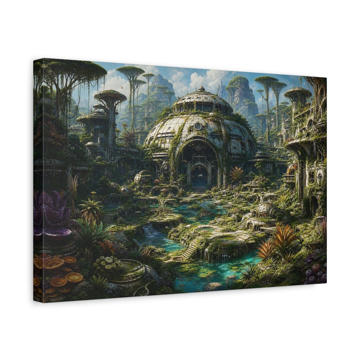 Side Mockup 4. Science Fiction Overgrown City Overgrown Landscape shown as stretched canvas wall art