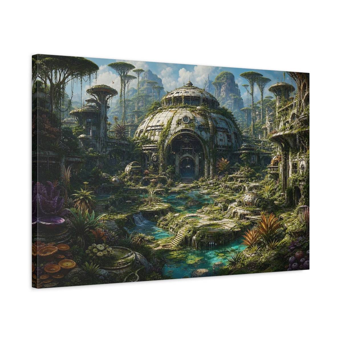 Side Mockup 2. Science Fiction Overgrown City Overgrown Landscape shown as stretched canvas wall art