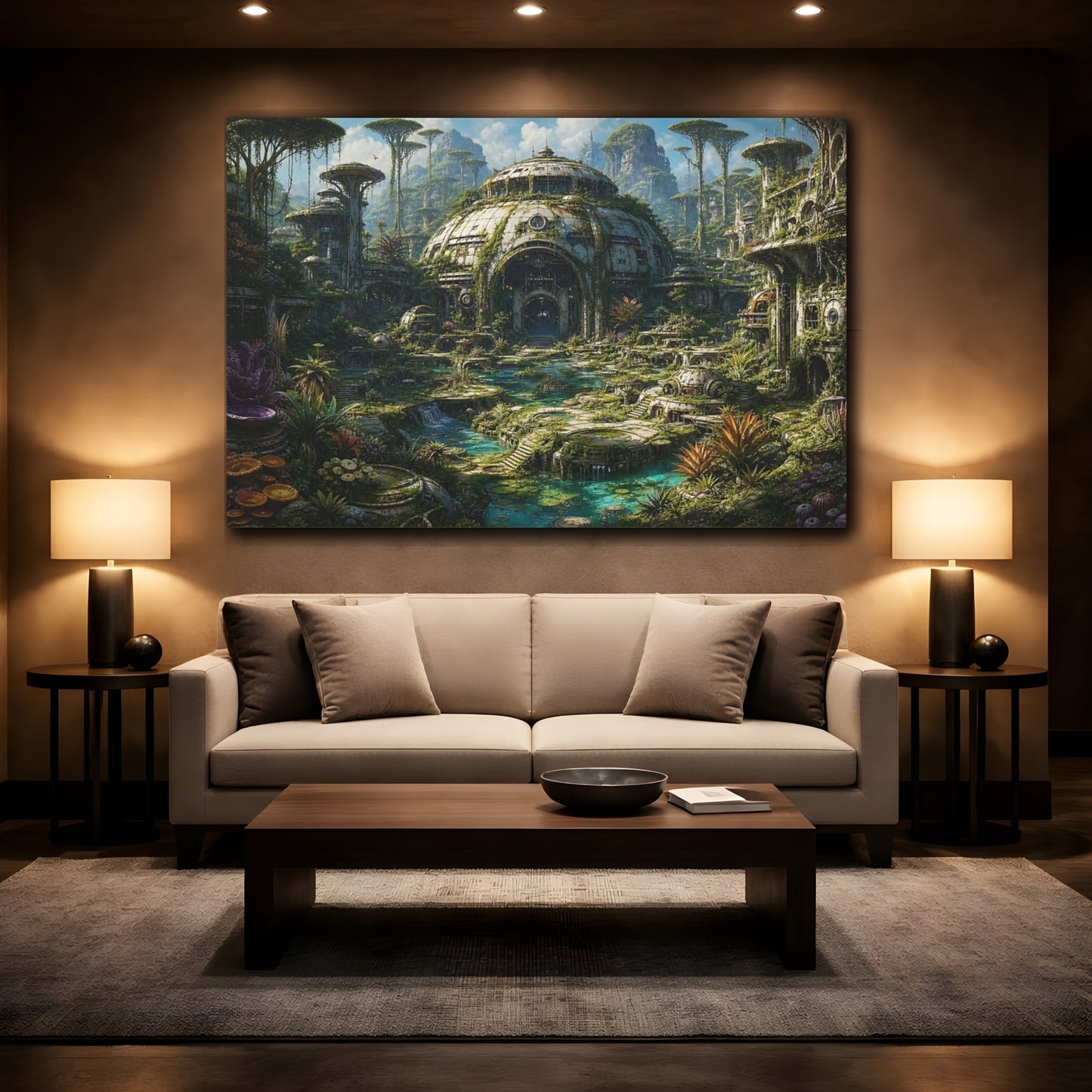 Mockup 2. Science Fiction Overgrown City Overgrown Landscape shown as stretched canvas wall art