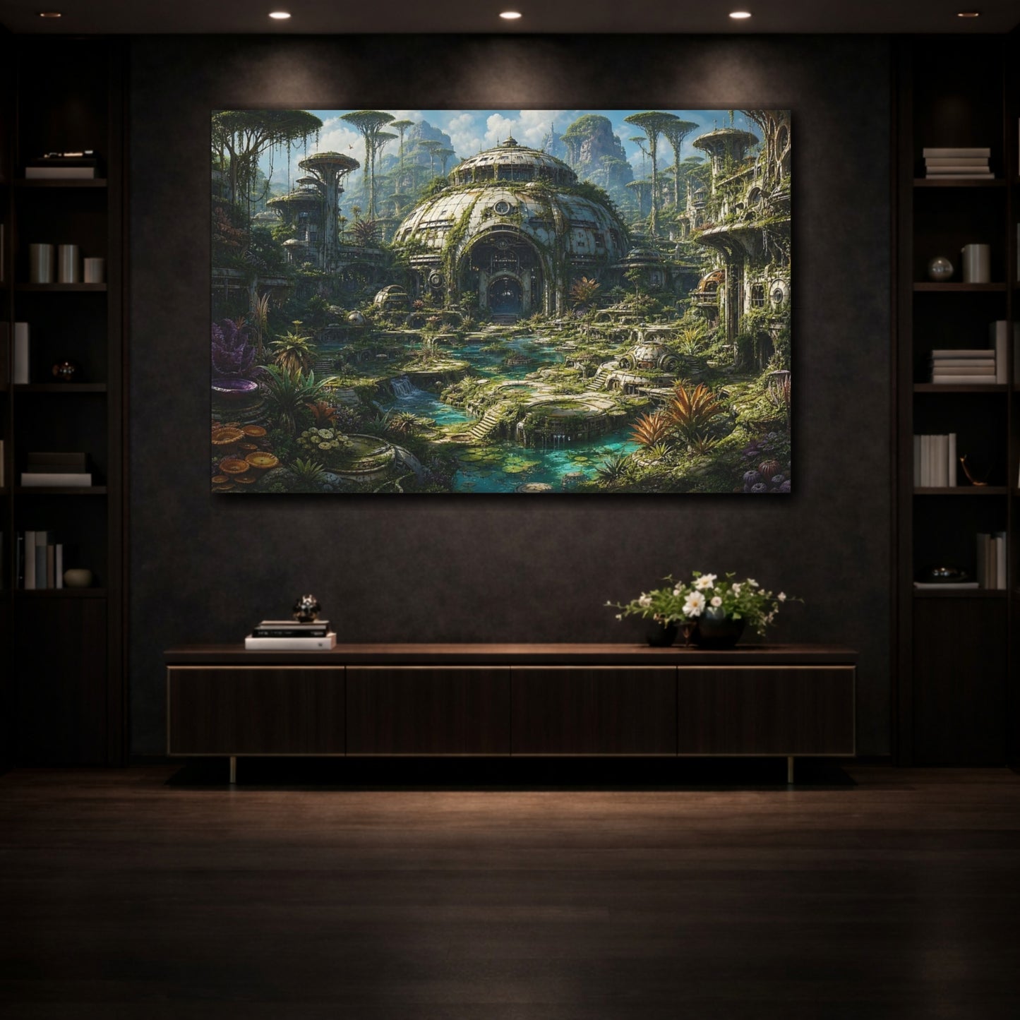 Mockup 3. Science Fiction Overgrown City Overgrown Landscape shown as stretched canvas wall art